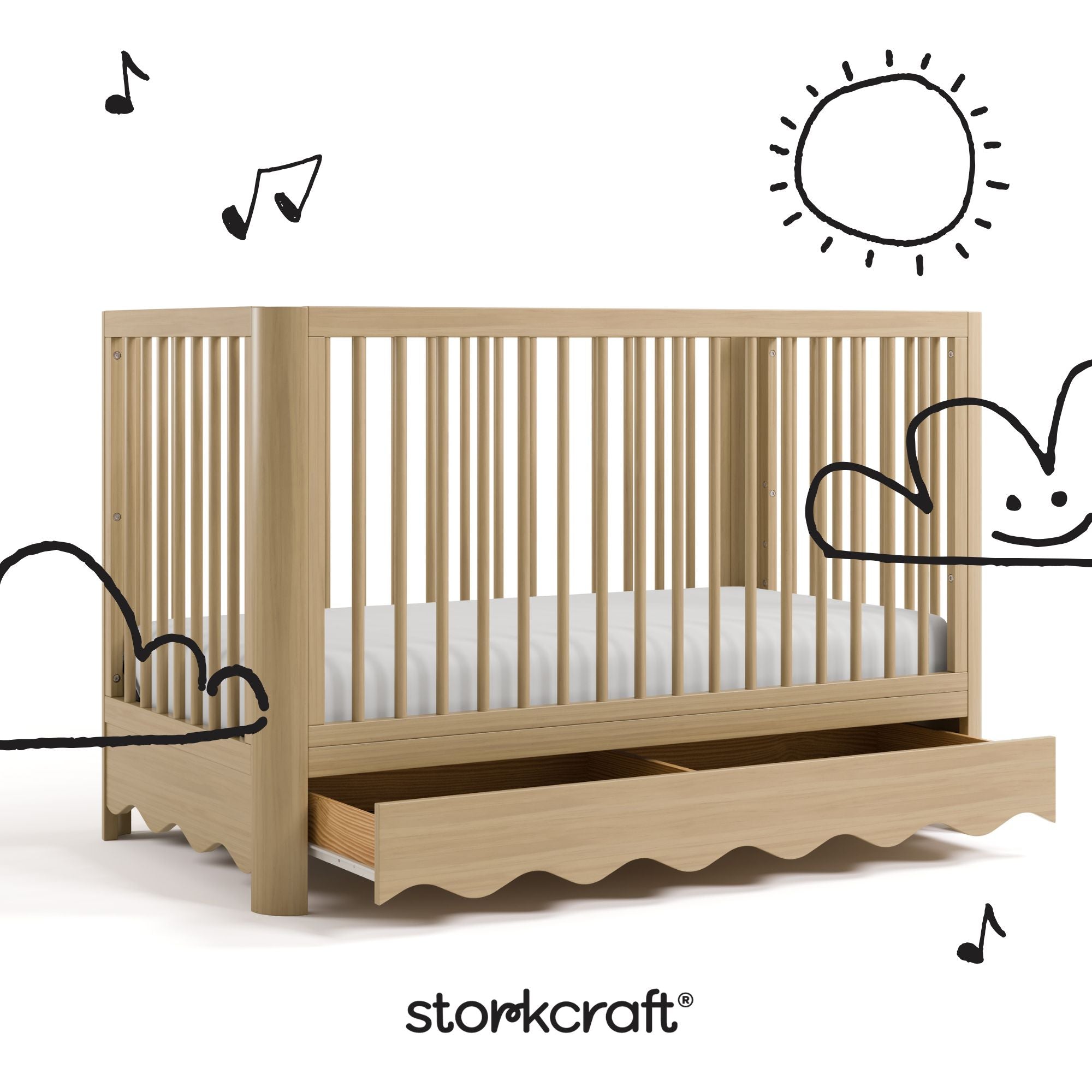 Caablanca driftwood crib with black doodles overlaid on images
