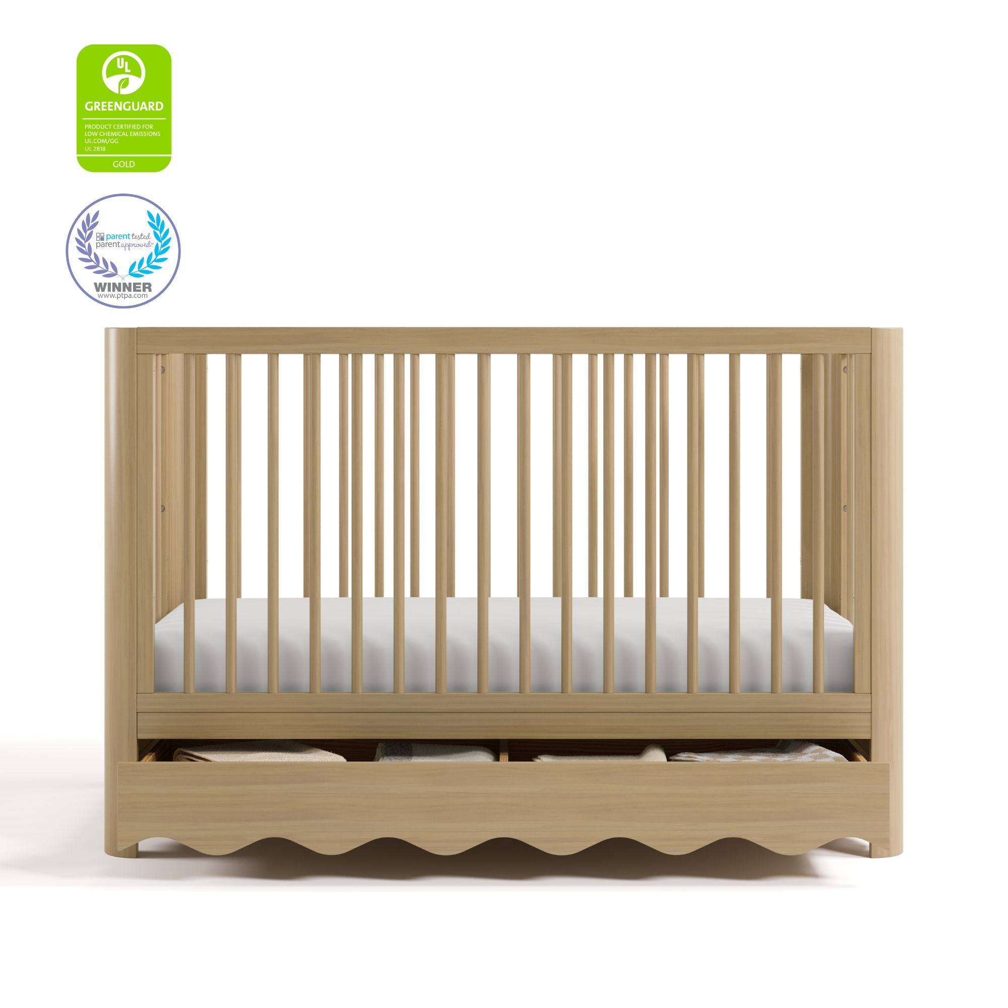 Casablanca driftwood crib with drawer with GGG and PTPA logos on top left