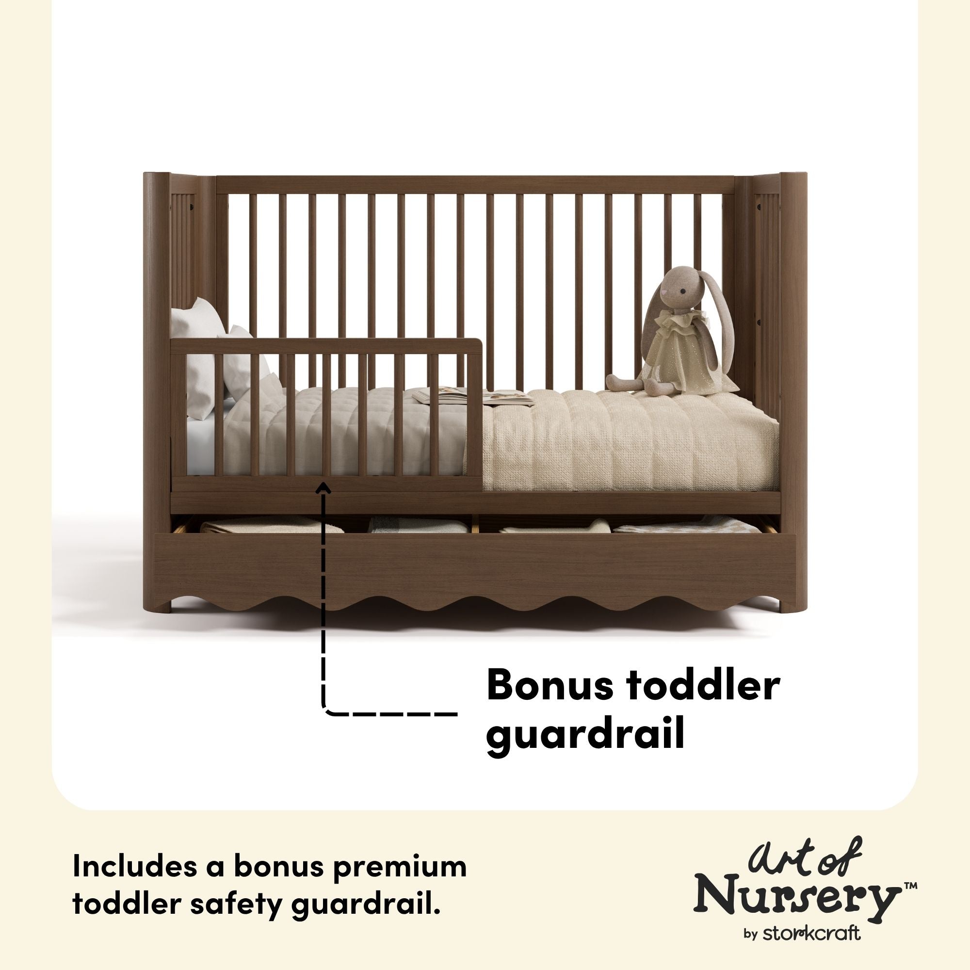 Casablanca hazelnut crib with drawer guardrail callout