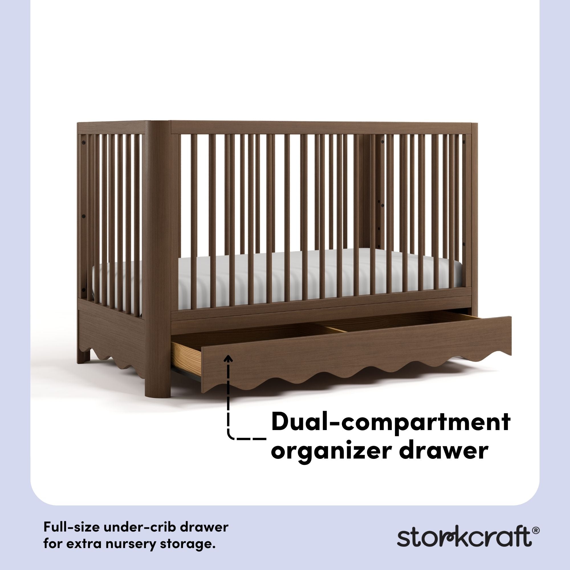 Casablanca hazelnut crib under-crib storage drawer callout