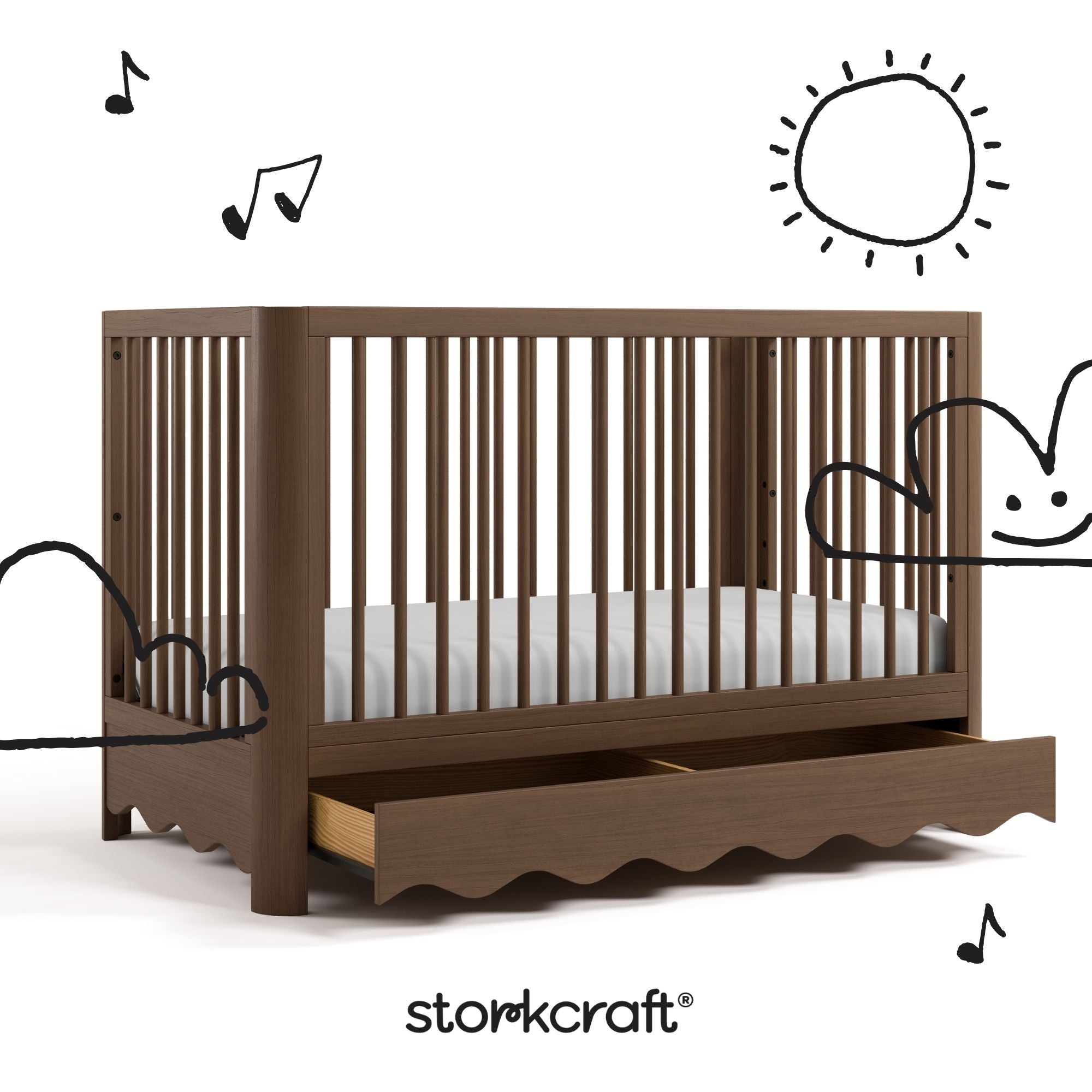Caablanca hazelnut crib with black doodles overlaid on images