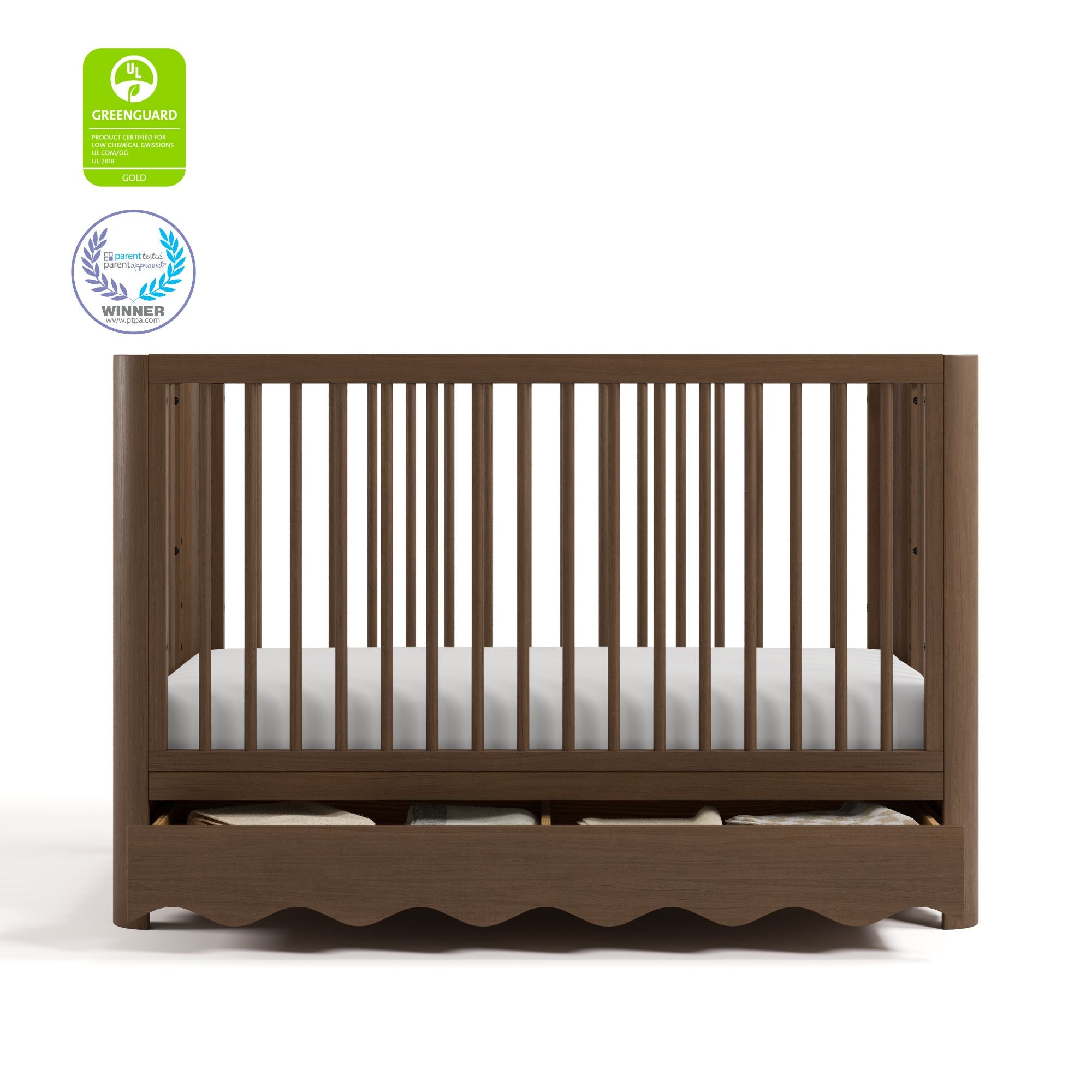 Casablanca hazelnut crib with drawer with GGG and PTPA logos on top left