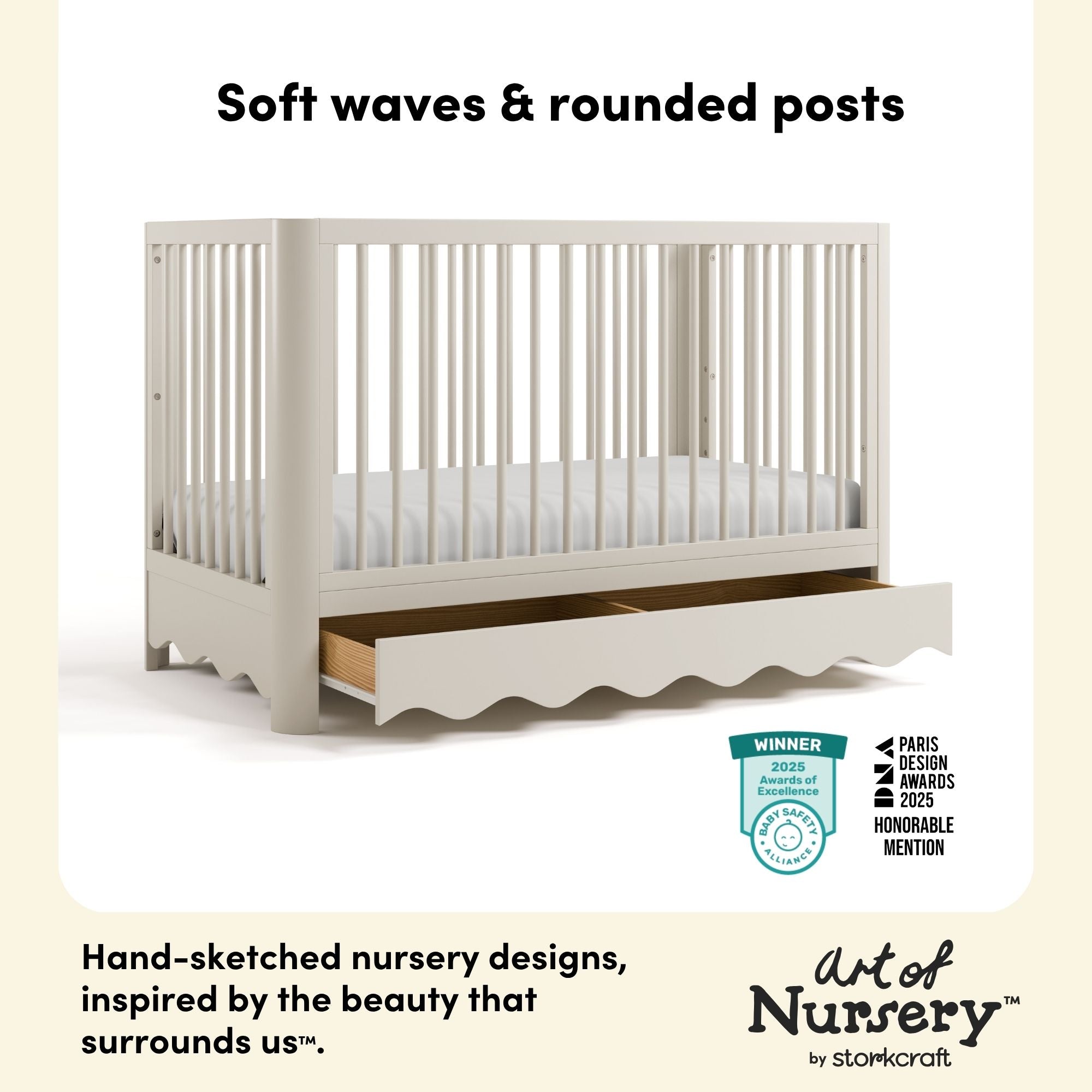 Casablanca frosted oat crib with drawer style callout