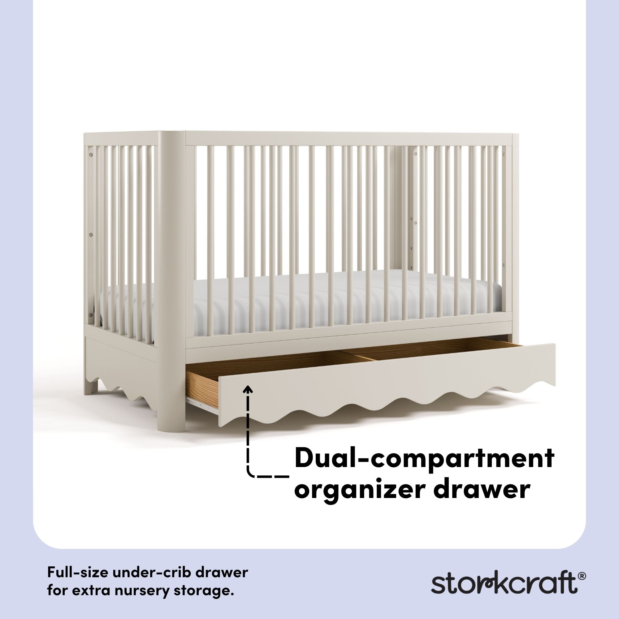 Casablanca frosted oat crib under-crib storage drawer callout