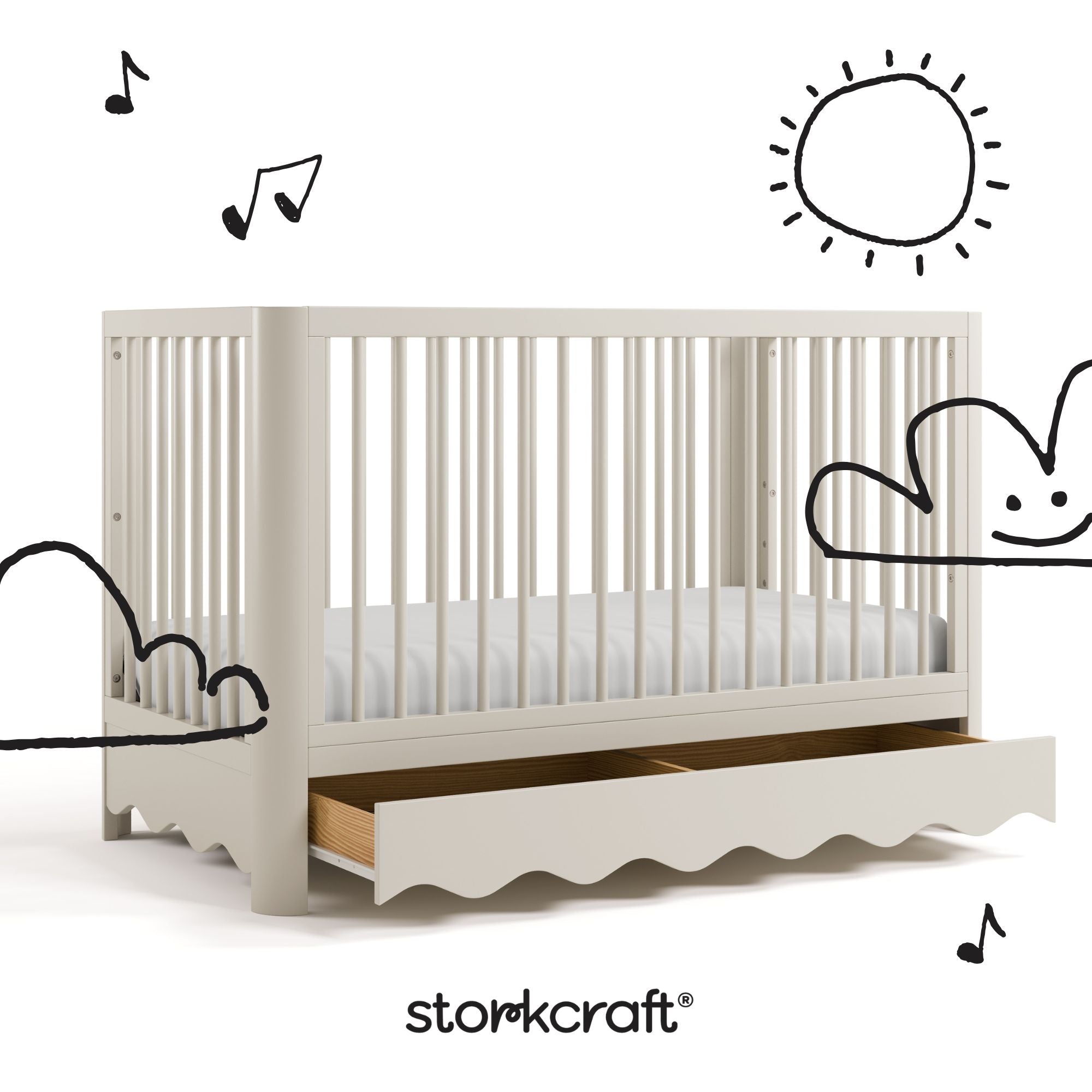 Caablanca frosted oat crib with black doodles overlaid on images