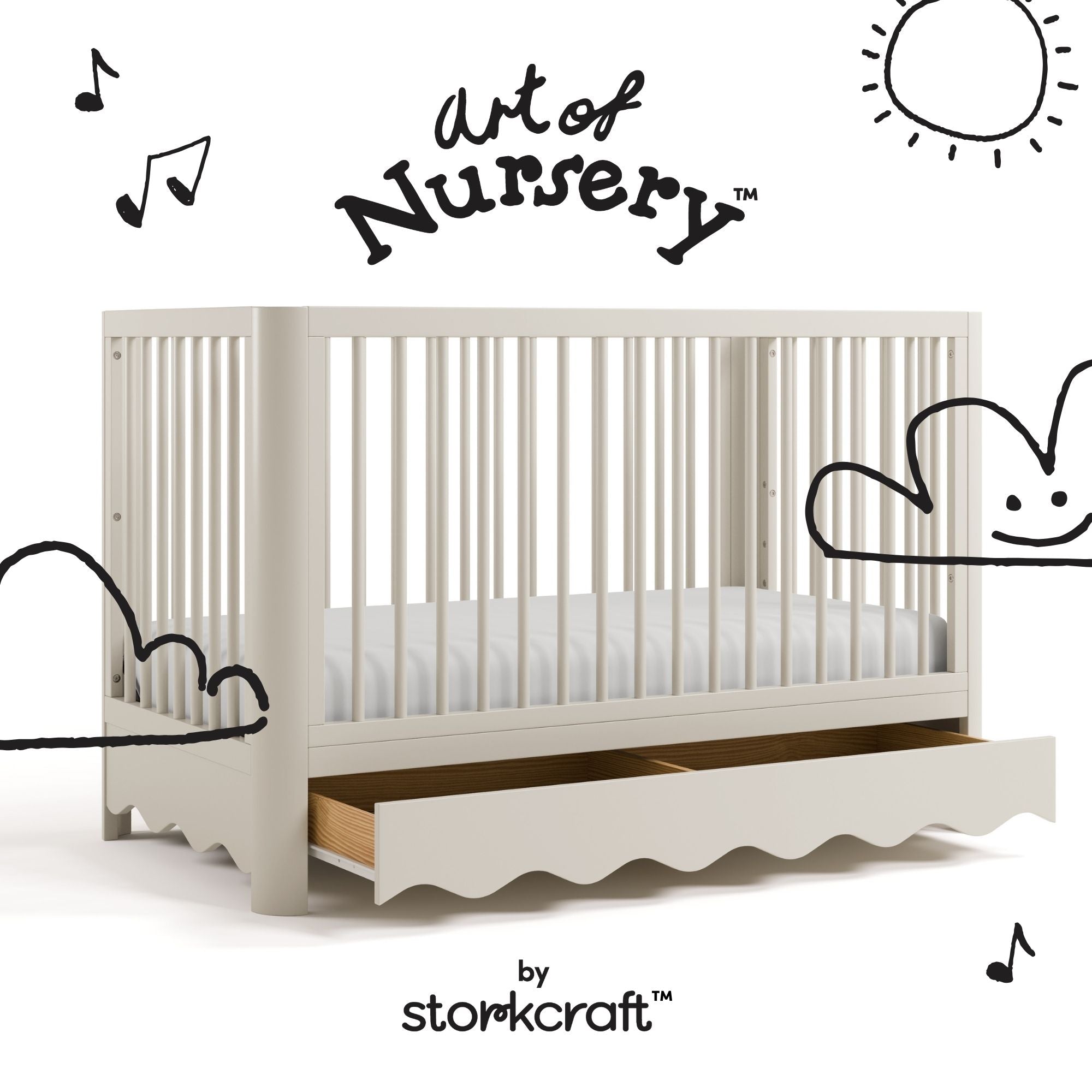 Casablanca frosted oat crib with drawer with black doodles overlaid on image