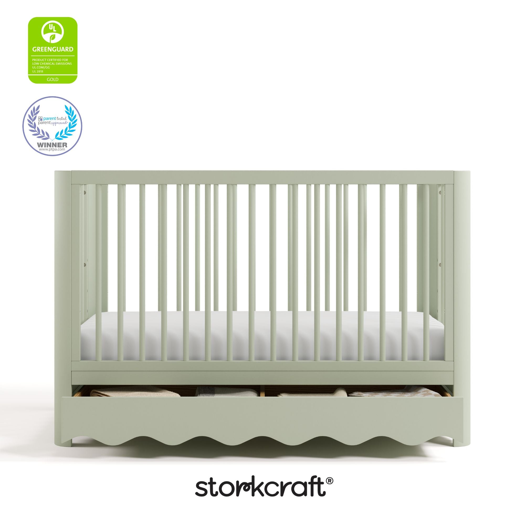Caablanca sage crib with GGG and PTPA logo on top left