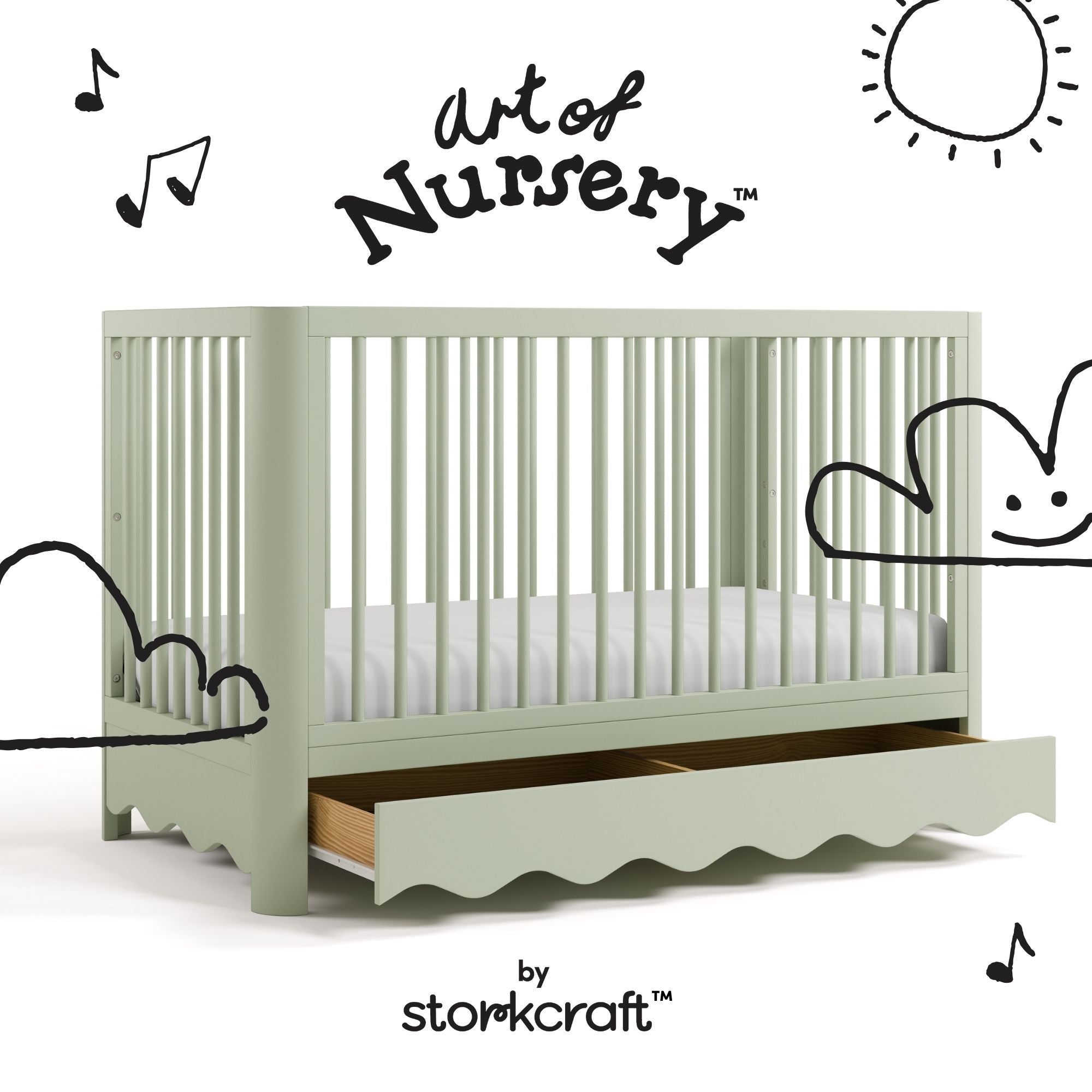 Casablanca sage crib with drawer with black doodles overlaid on image
