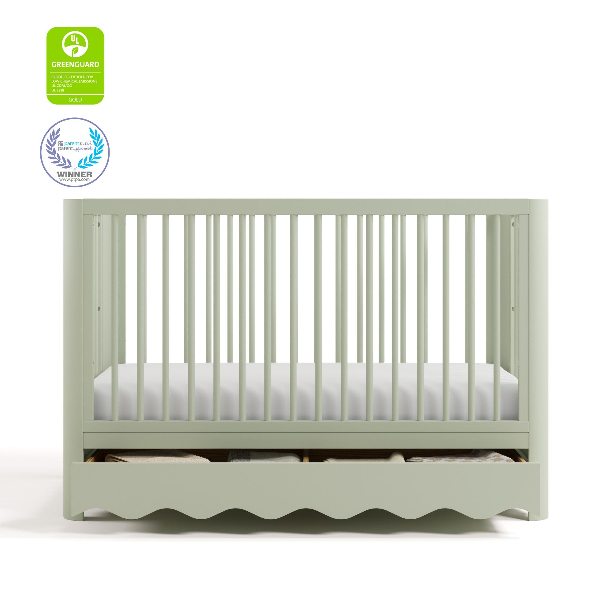 Casablanca sage crib with drawer with GGG and PTPA logos on top left