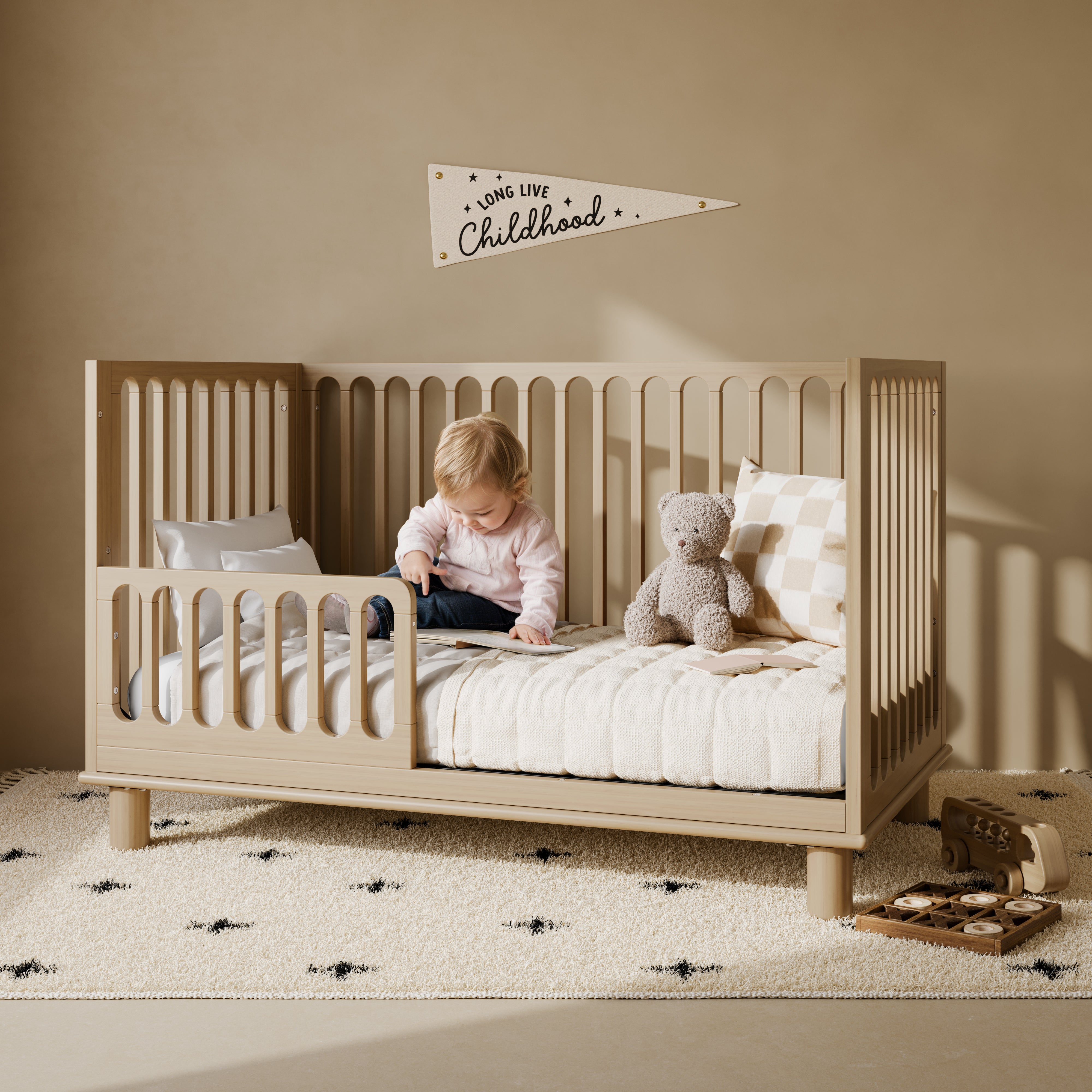 Sicily driftwood crib converted to toddler bed in kids room