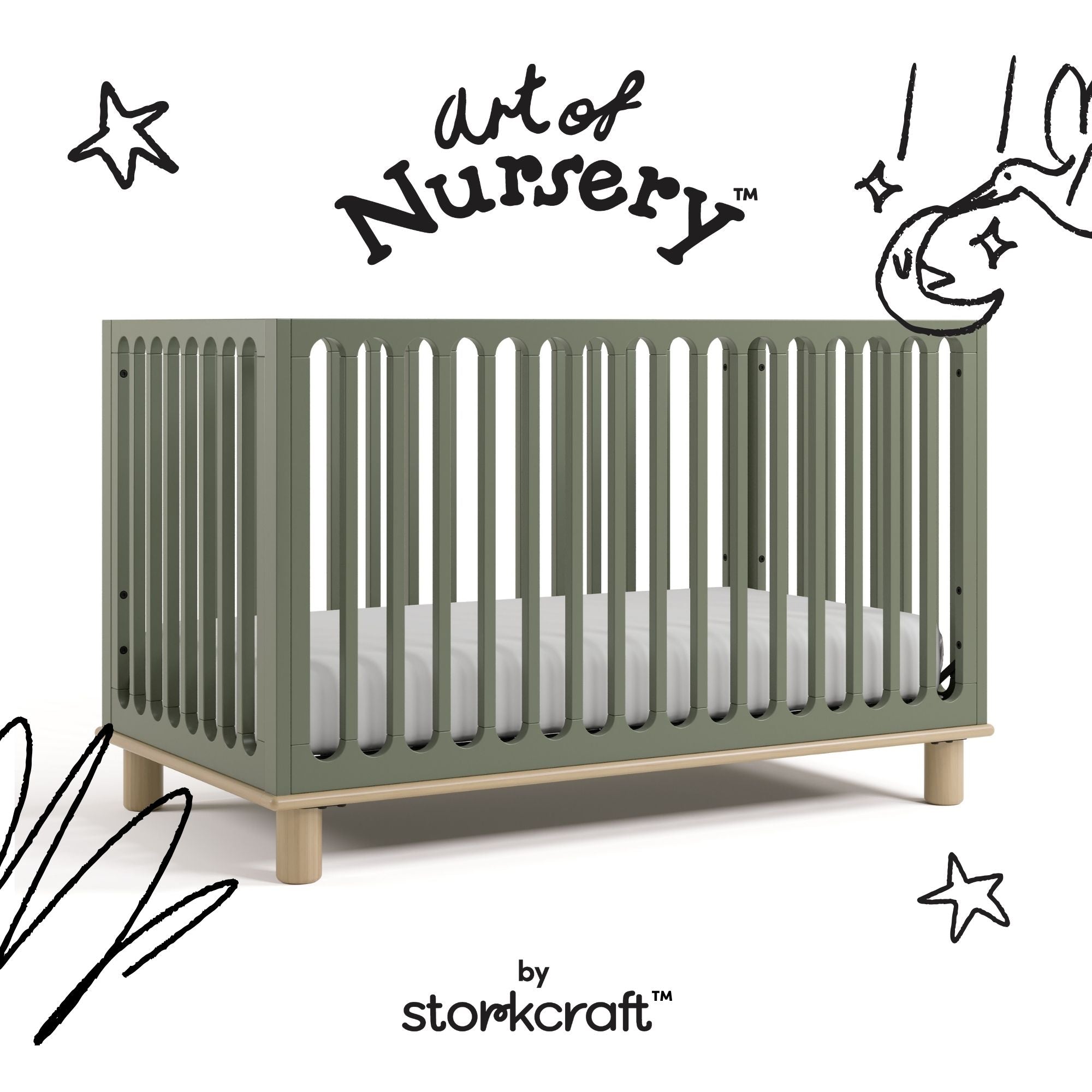 Sicily olive with driftwood crib with black doodles overlaid on image