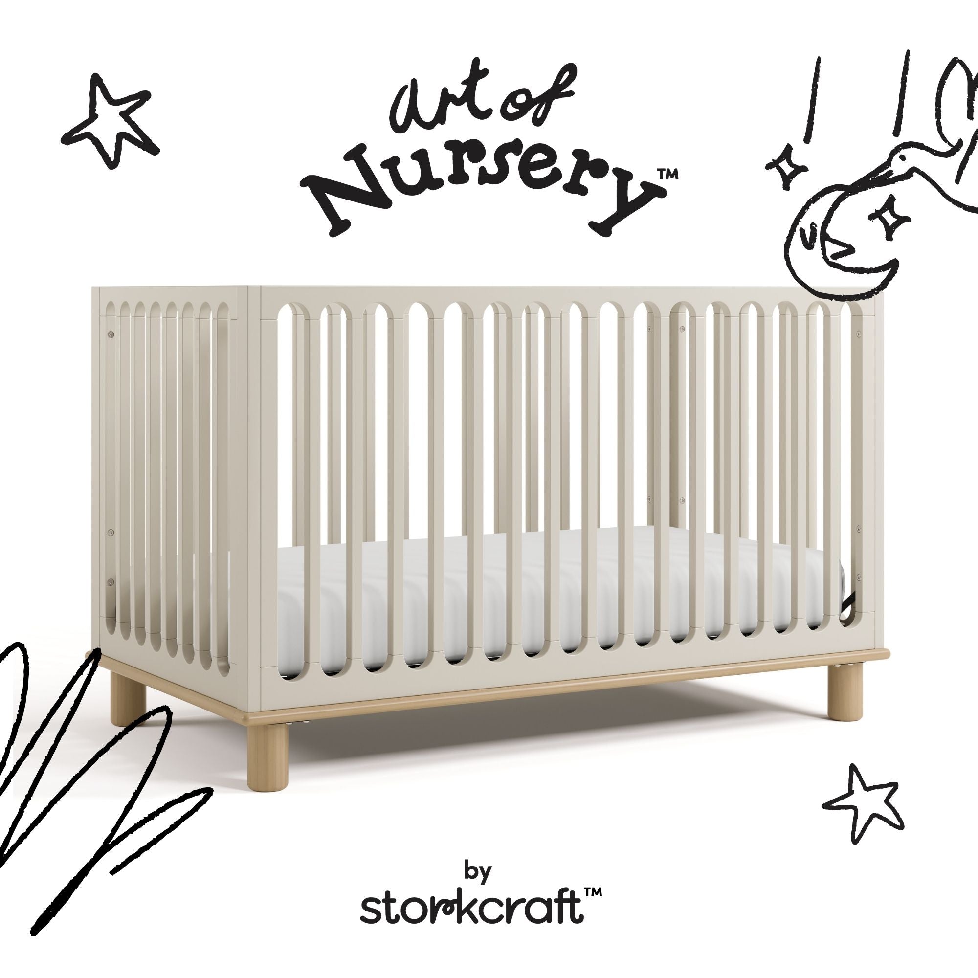 Sicily frosted oat with driftwood crib with black doodles overlaid on image