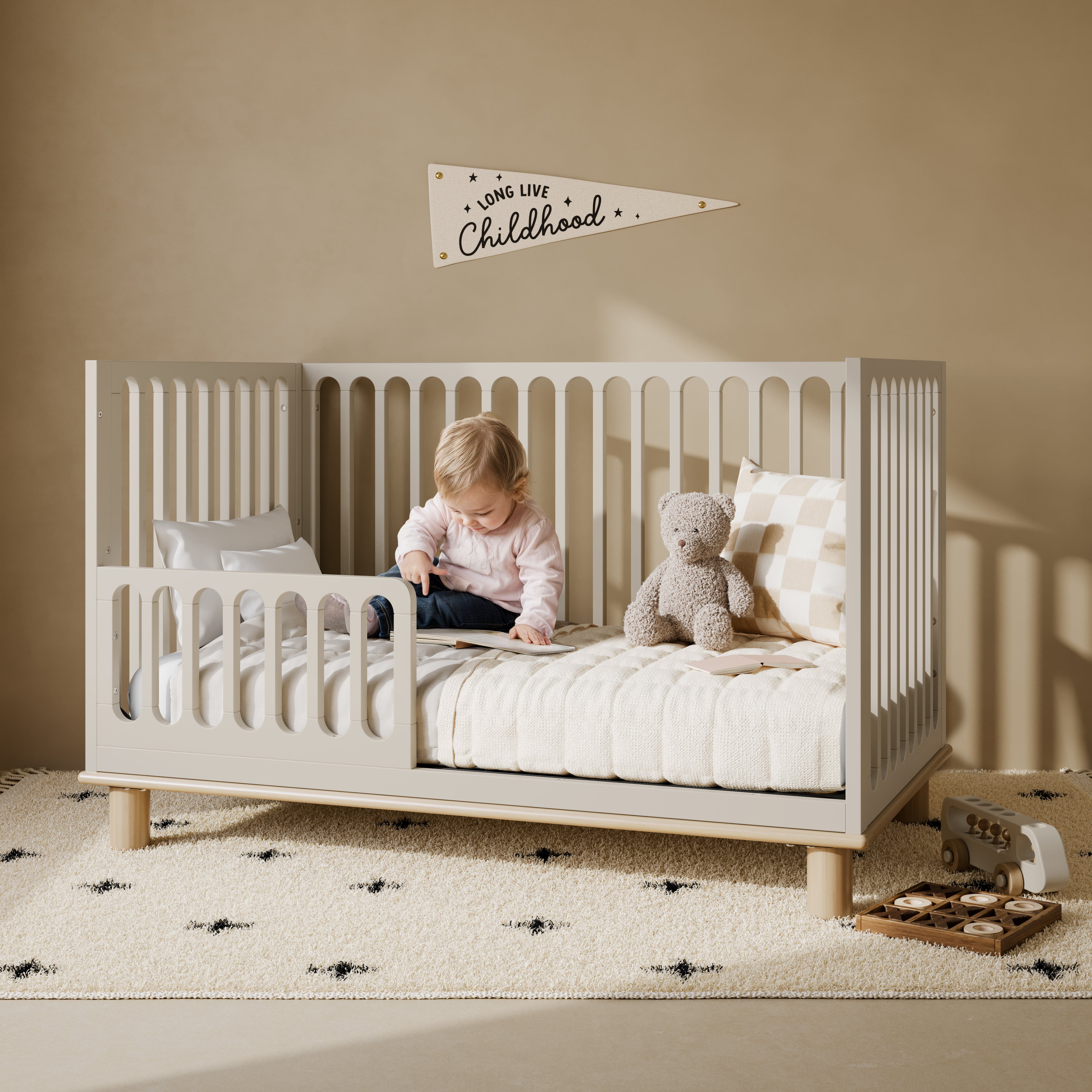 Sicily frosted oat with driftwood crib converted to toddler bed in kids room