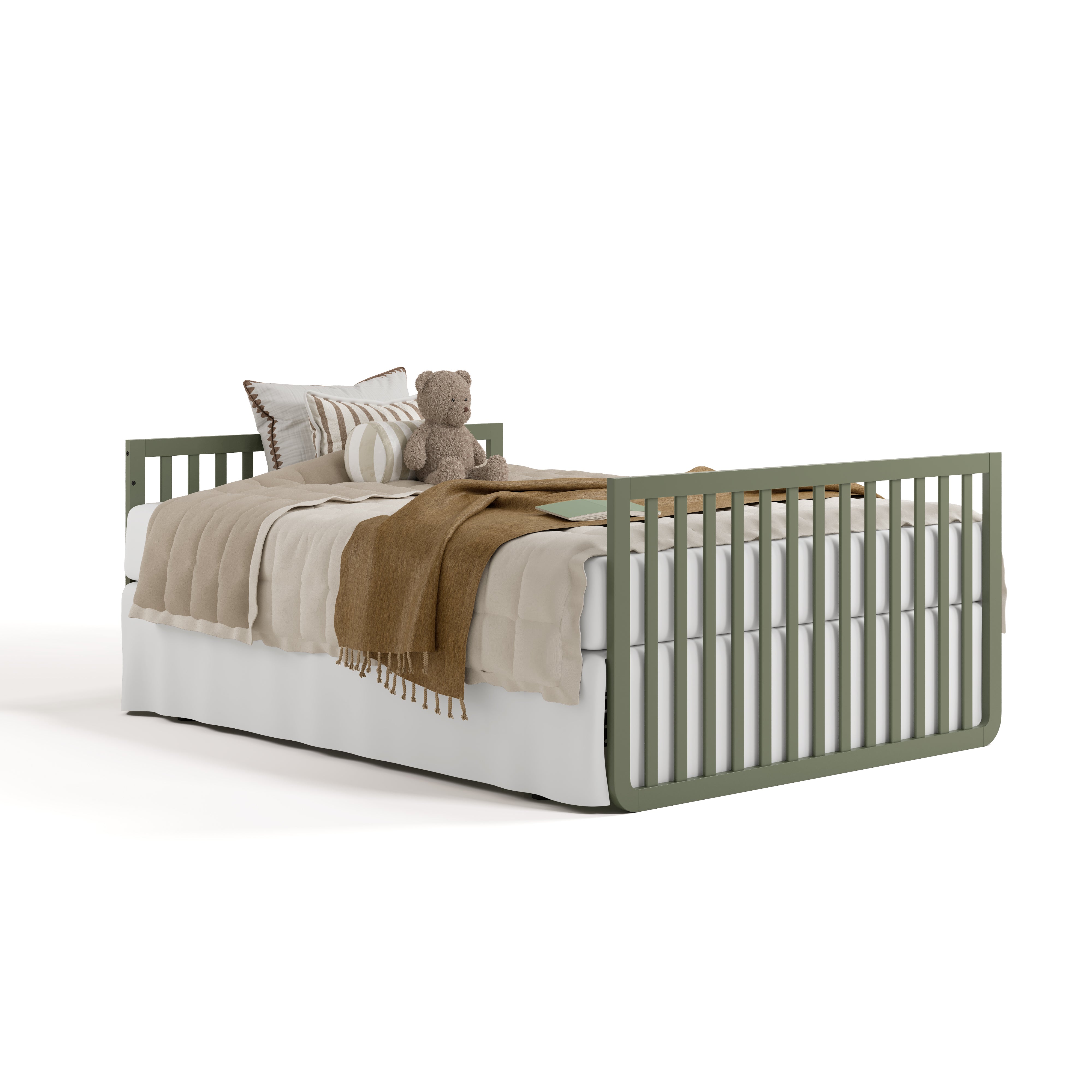 Amalfi olive with driftwood crib converted to full-size bed with footboard