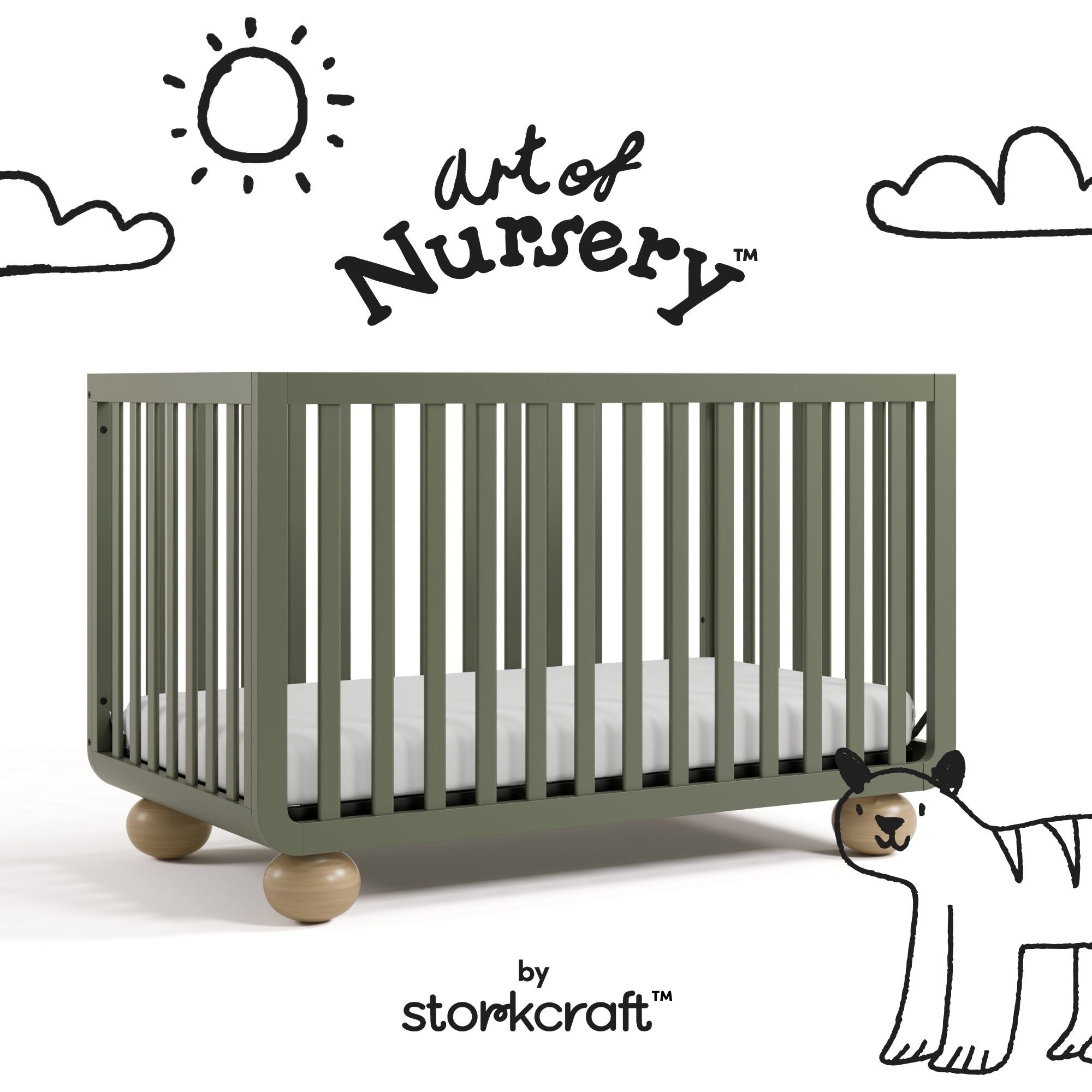 Amalfi olive with driftwood crib with black doodles overlaid on image