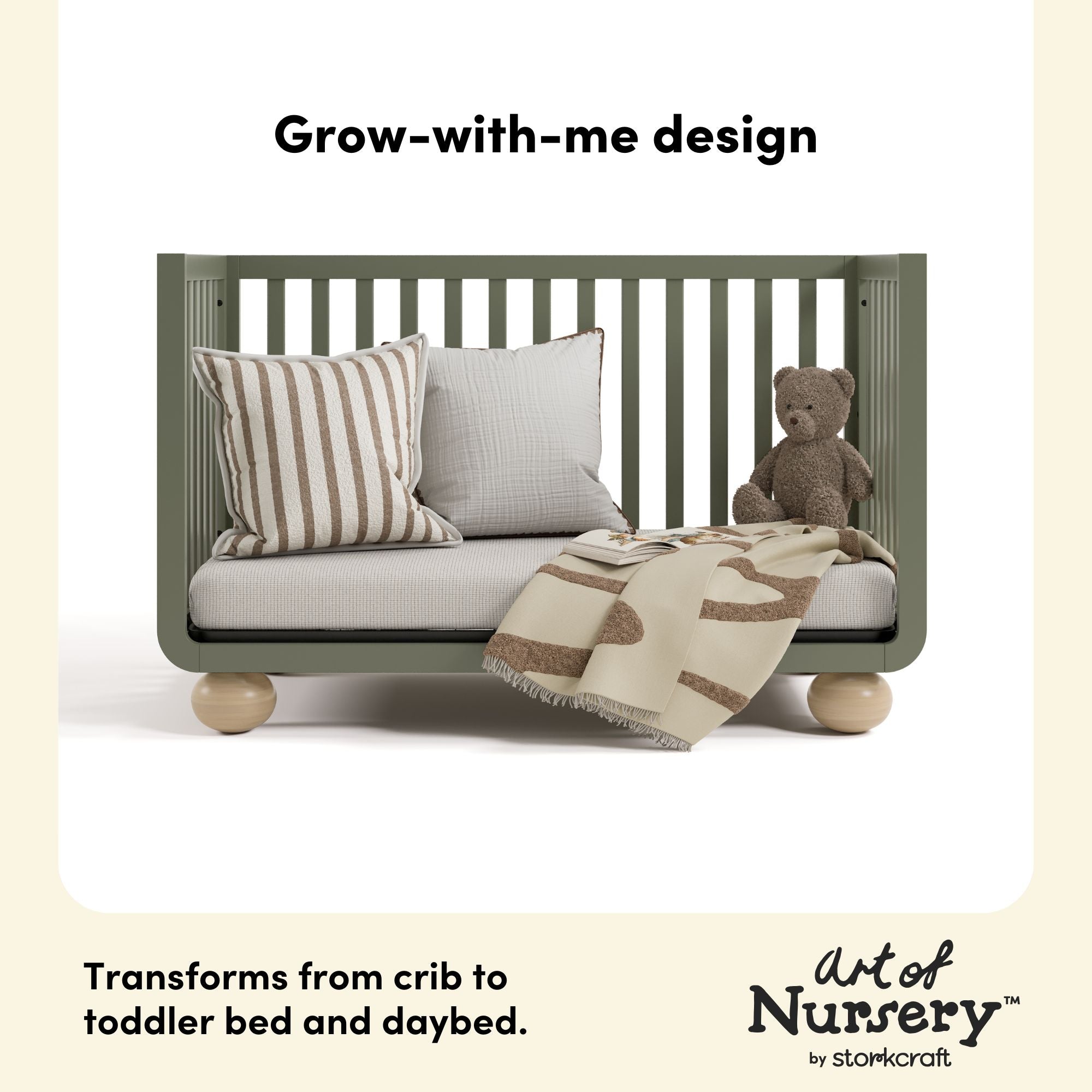 Amalfi olive with driftwood crib grow-with-me design callout