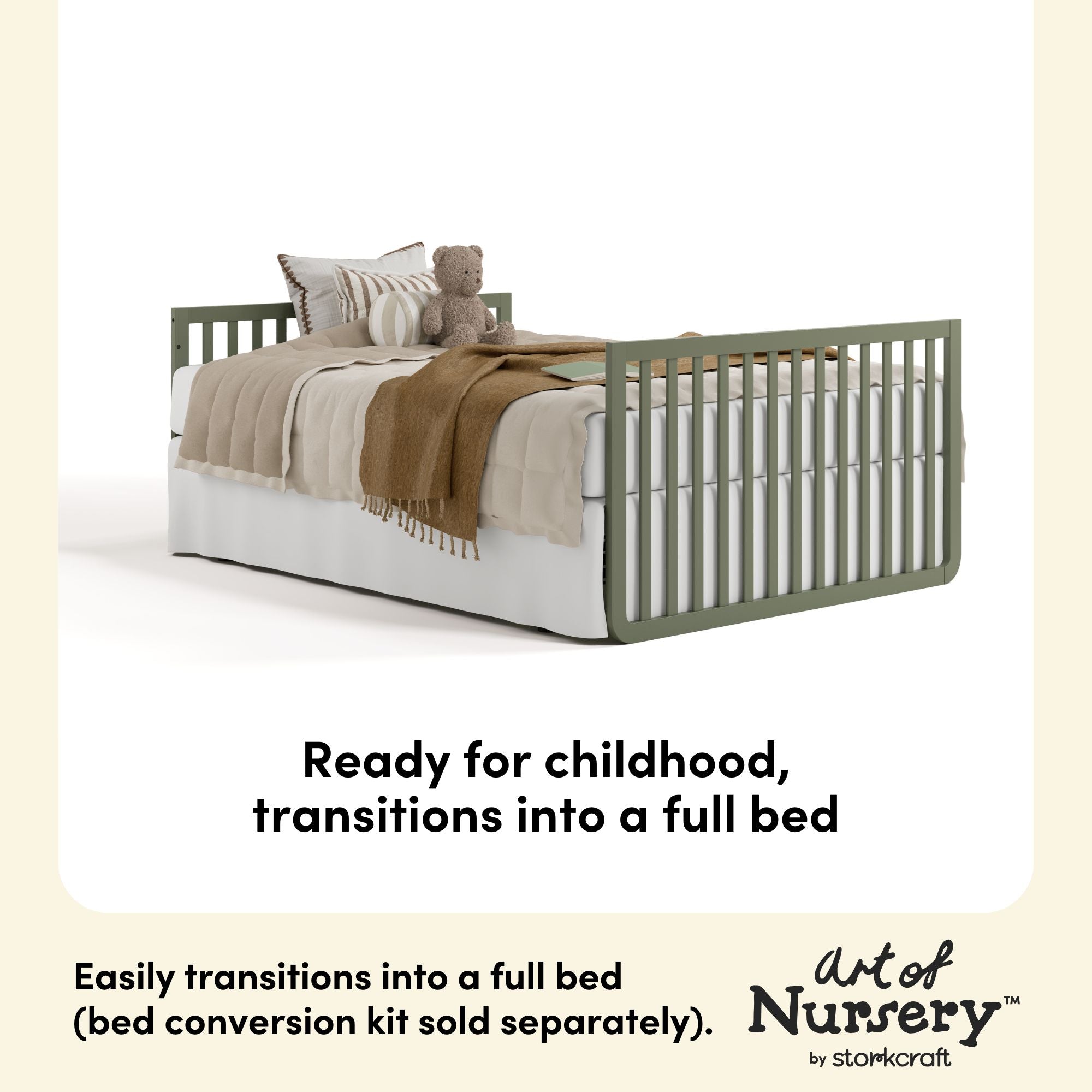 Amalfi olive with driftwood crib full-size bed callout