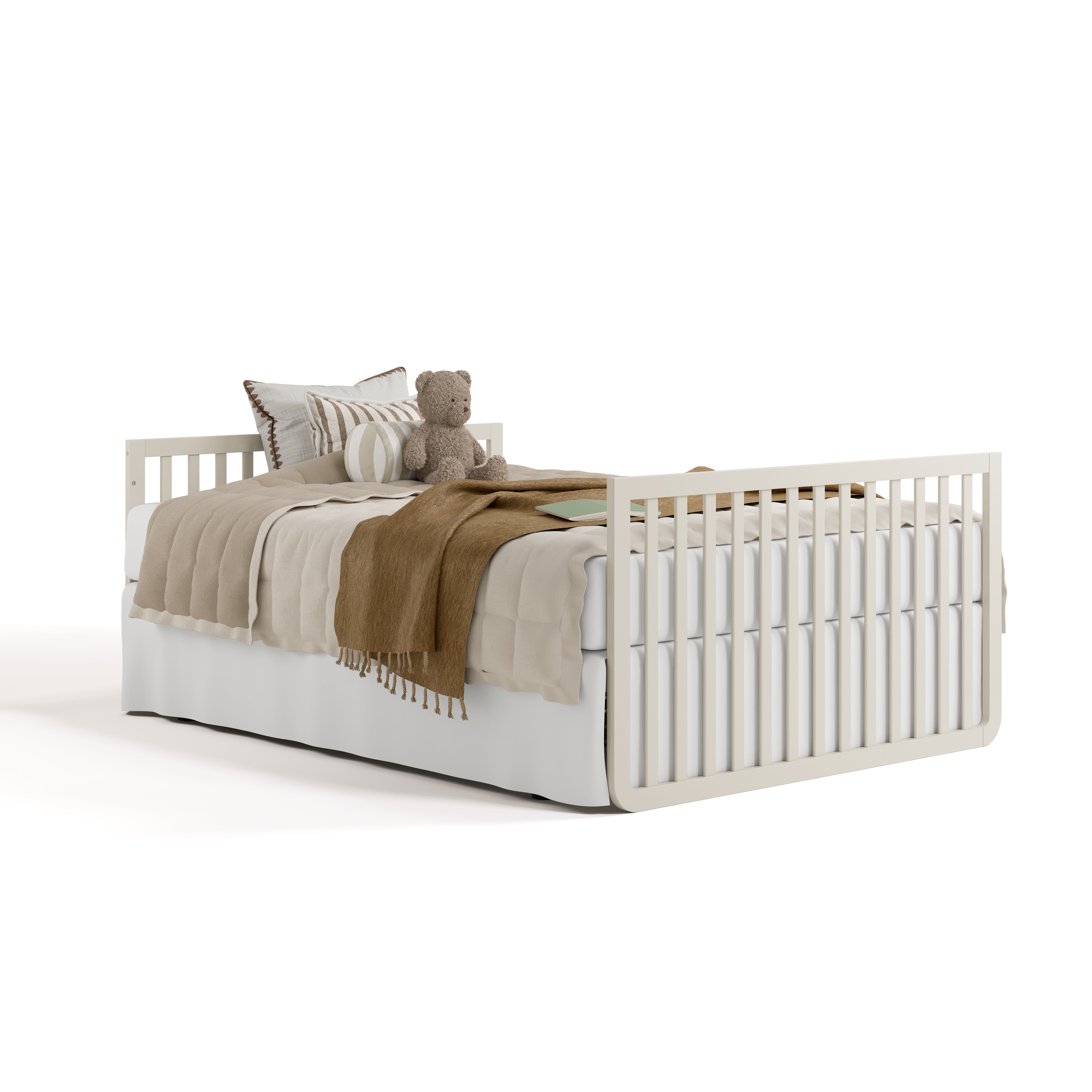 Amalfi frosted oat with driftwood crib converted to full-size bed with footboard