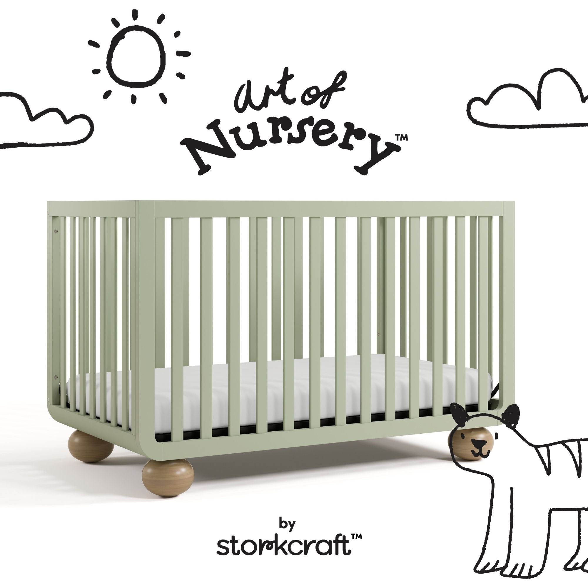 Amalfi sage with driftwood crib with black doodles overlaid on image