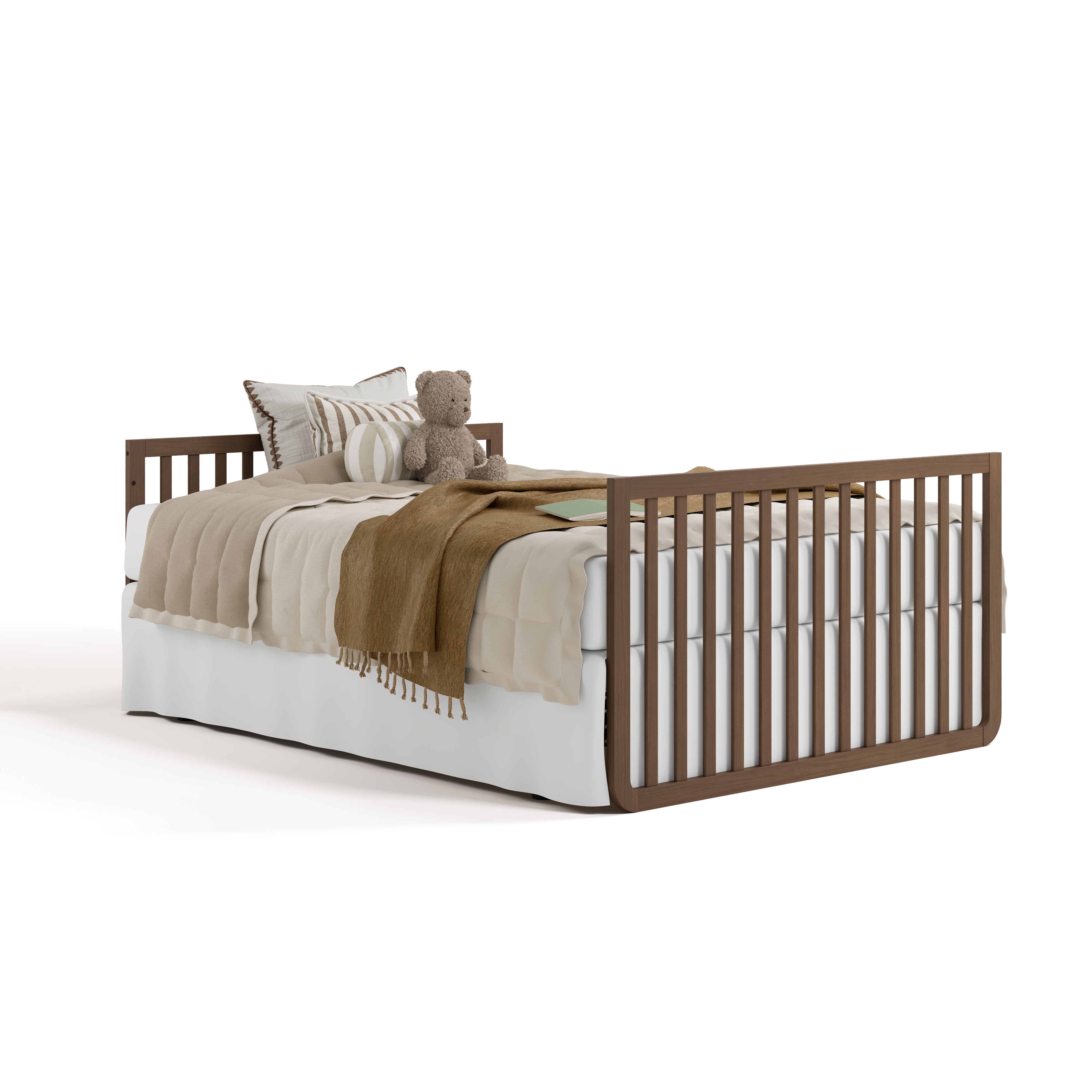Amalfi hazelnut crib converted to full-size bed with footboard