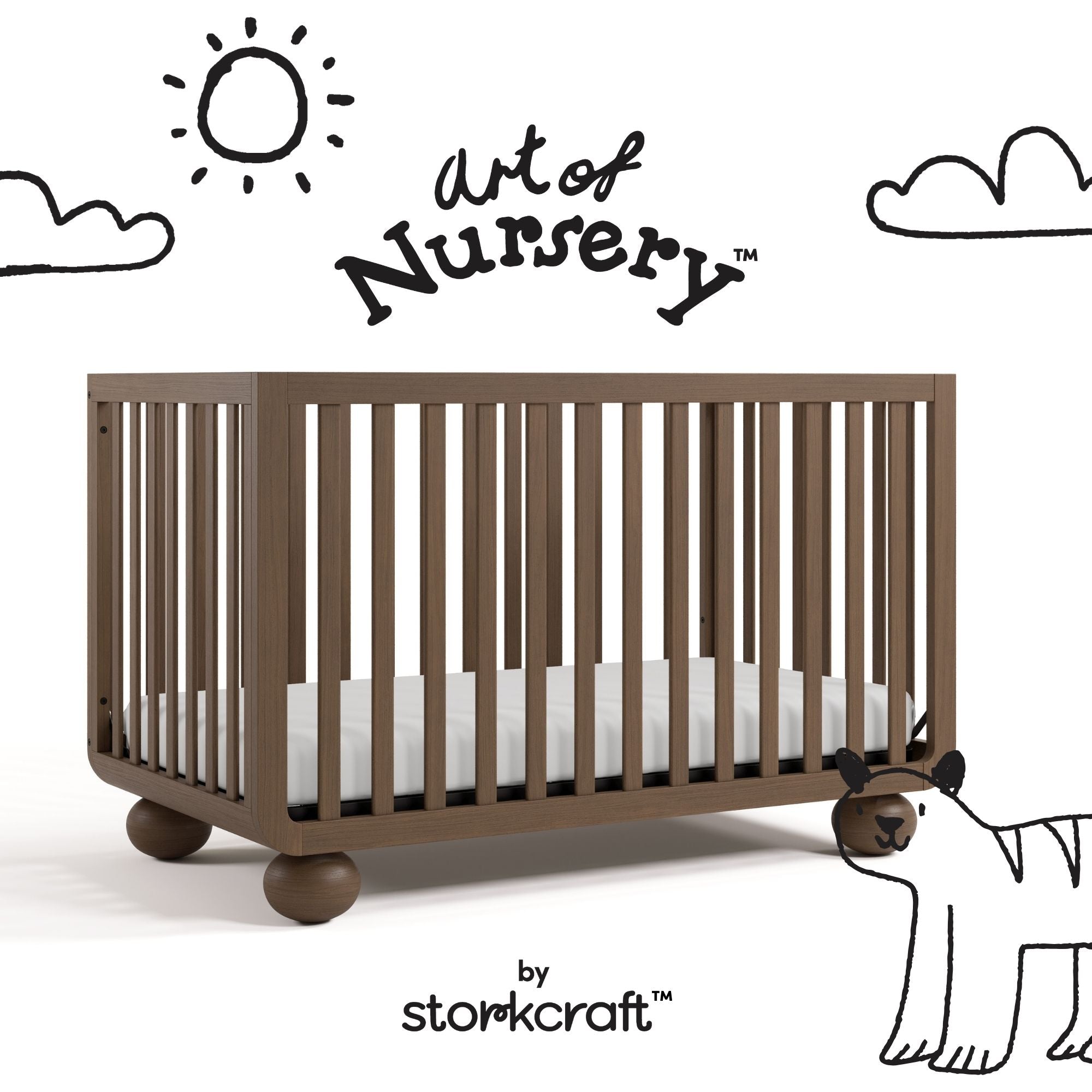Amalfi hazelnut crib with black doodles overlaid on image
