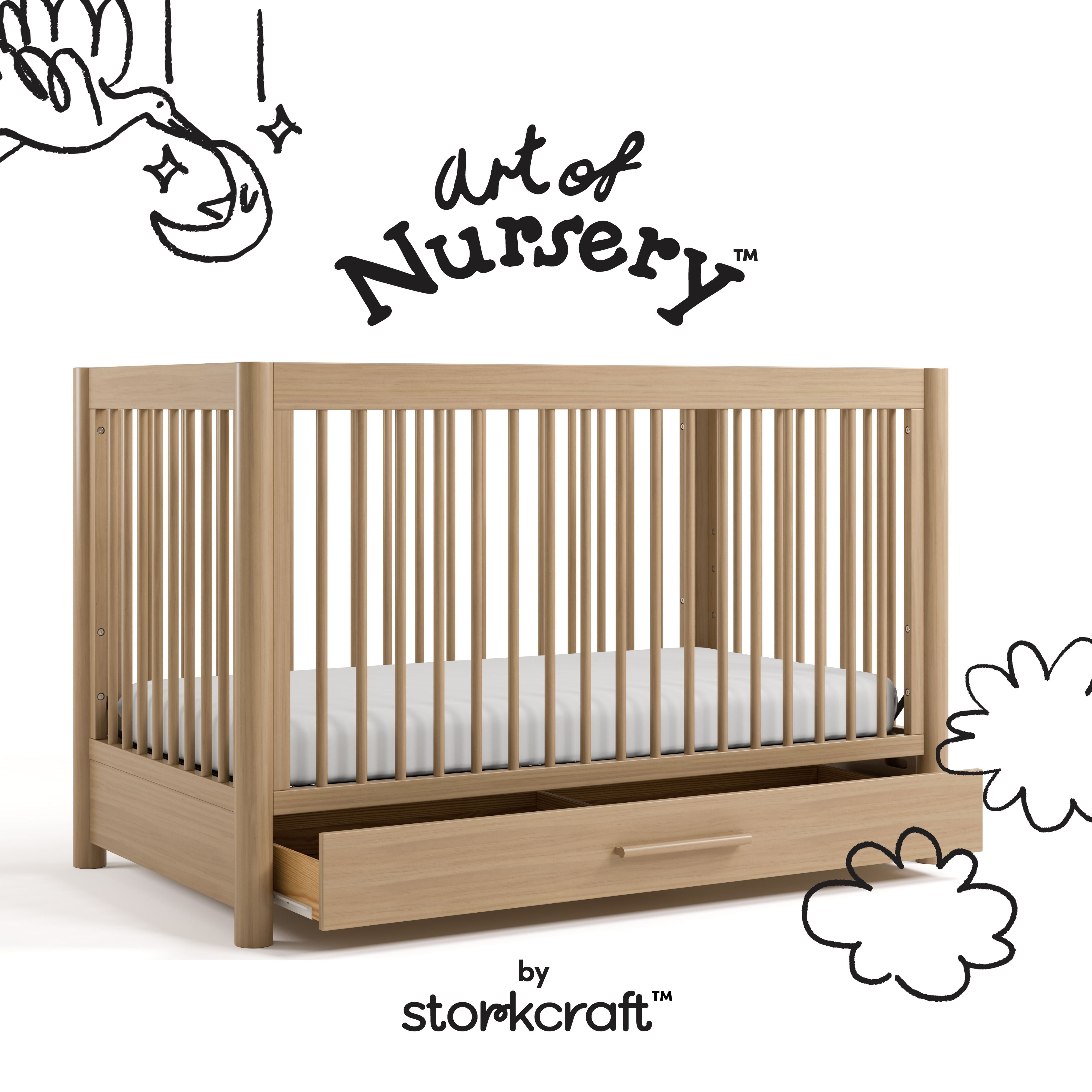 Malta driftwood crib with drawer with black doodles overlaid on image