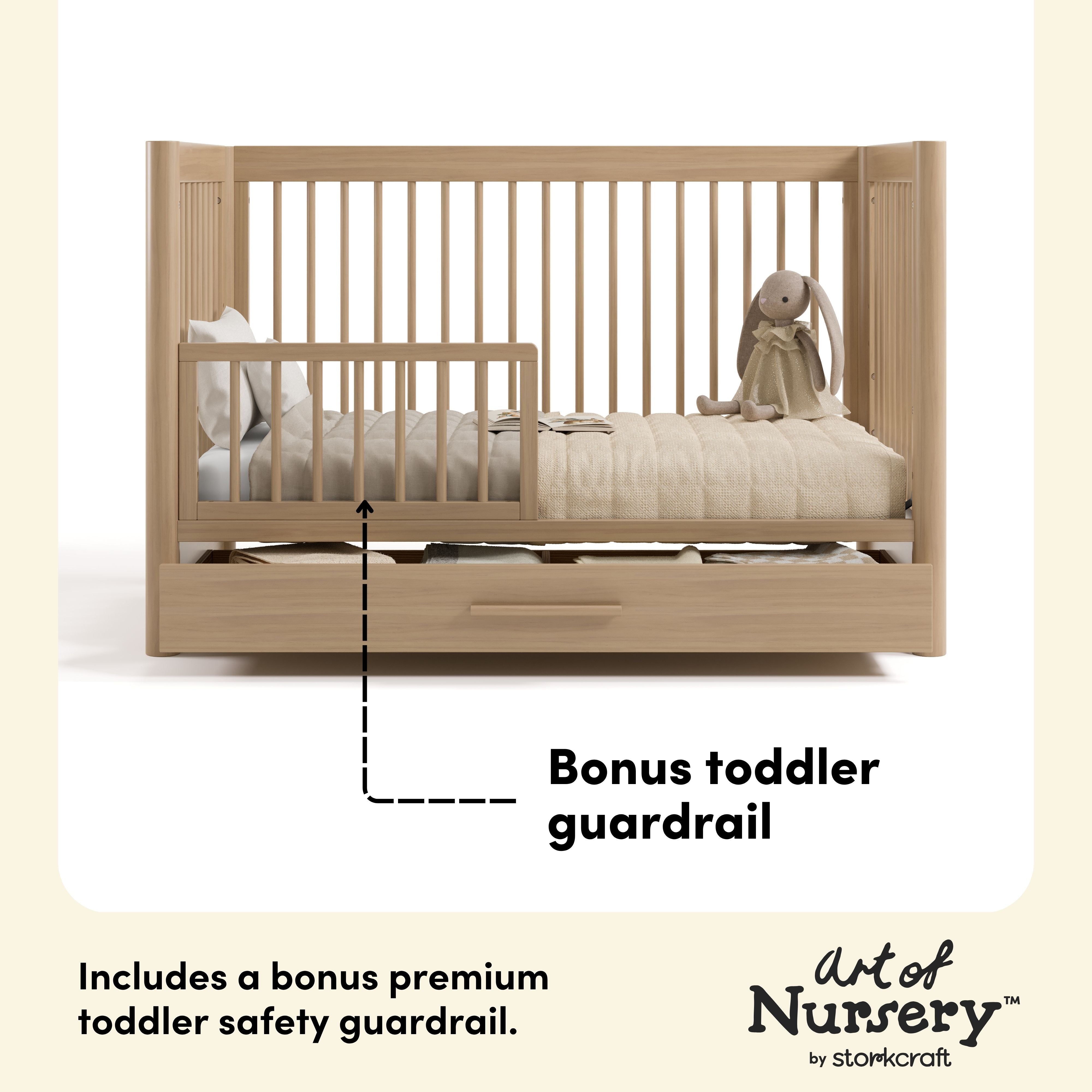 Malta driftwood crib with drawer bonus toddler guardrail callout
