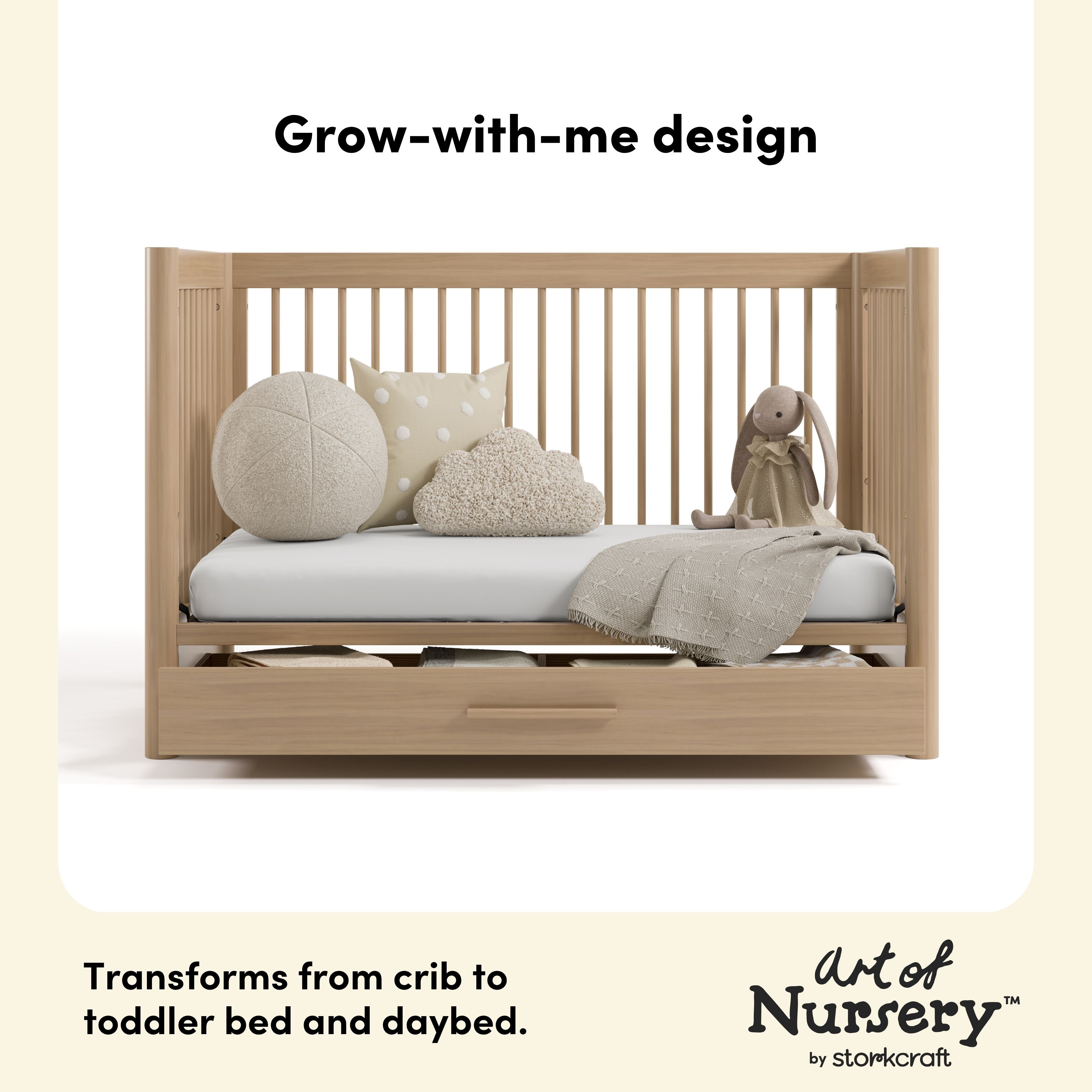 Malta driftwood crib with drawer toddler bed and daybed conversion callout