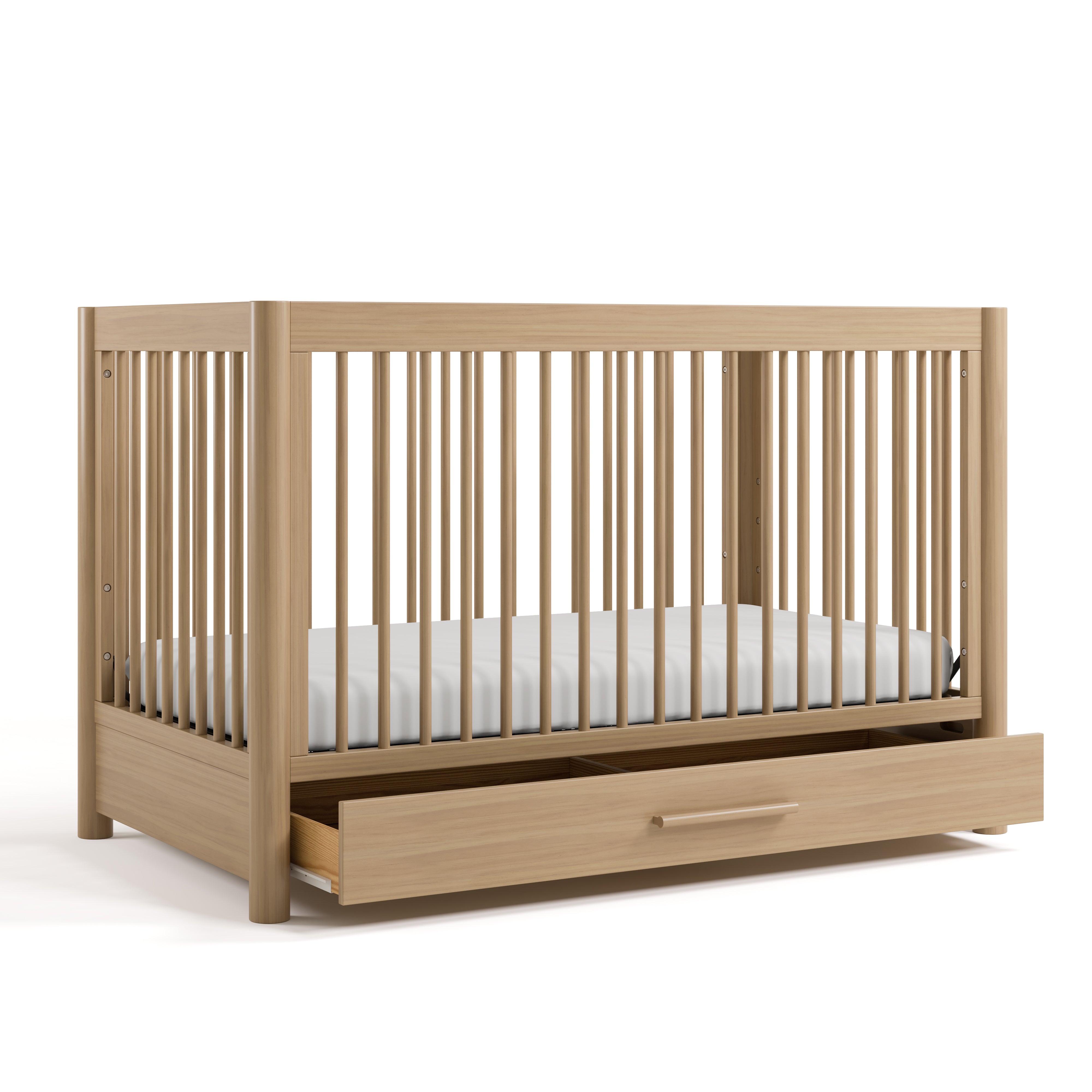 Malta driftwood crib with drawer open angle view
