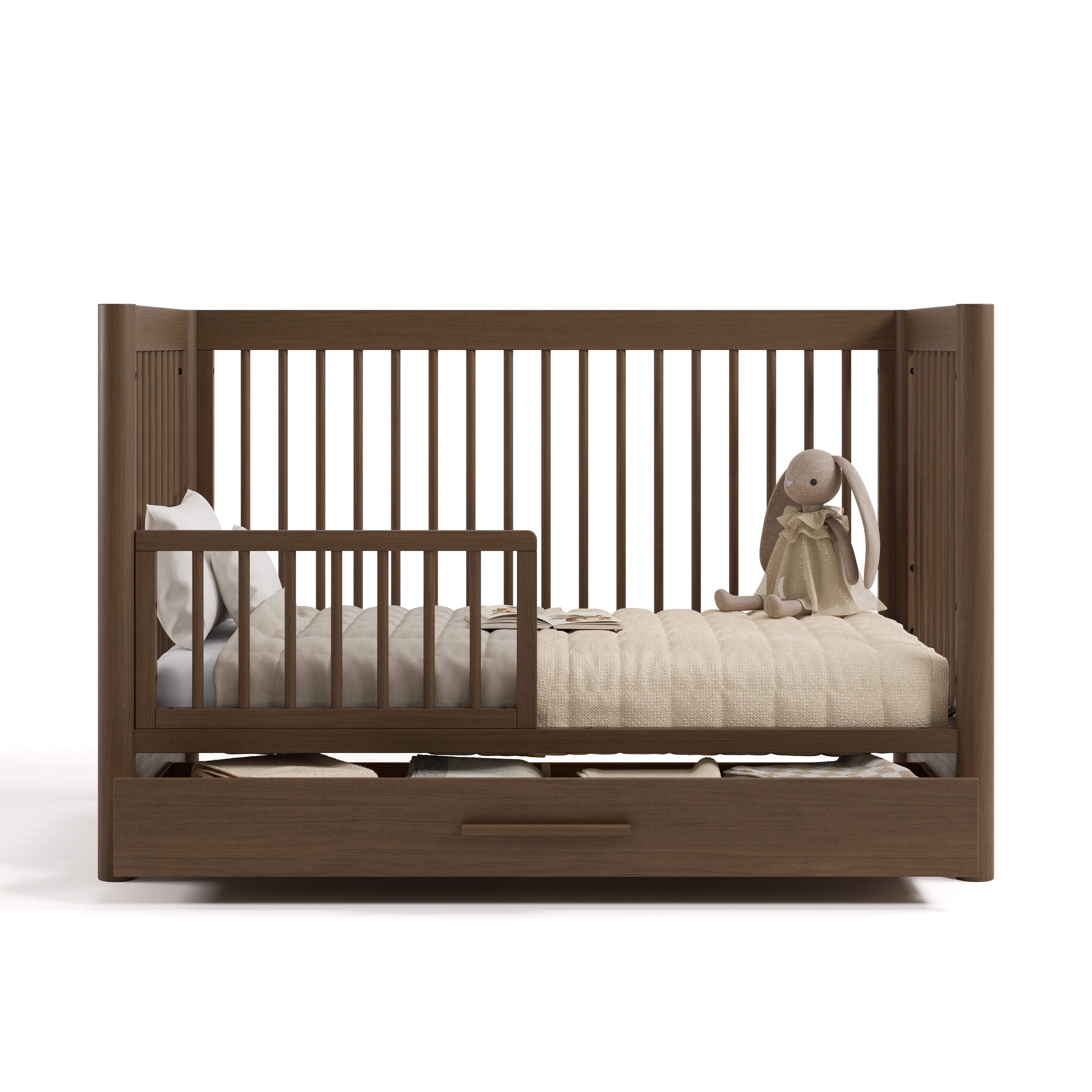 Malta hazelnut crib with drawer converted to toddler bed
