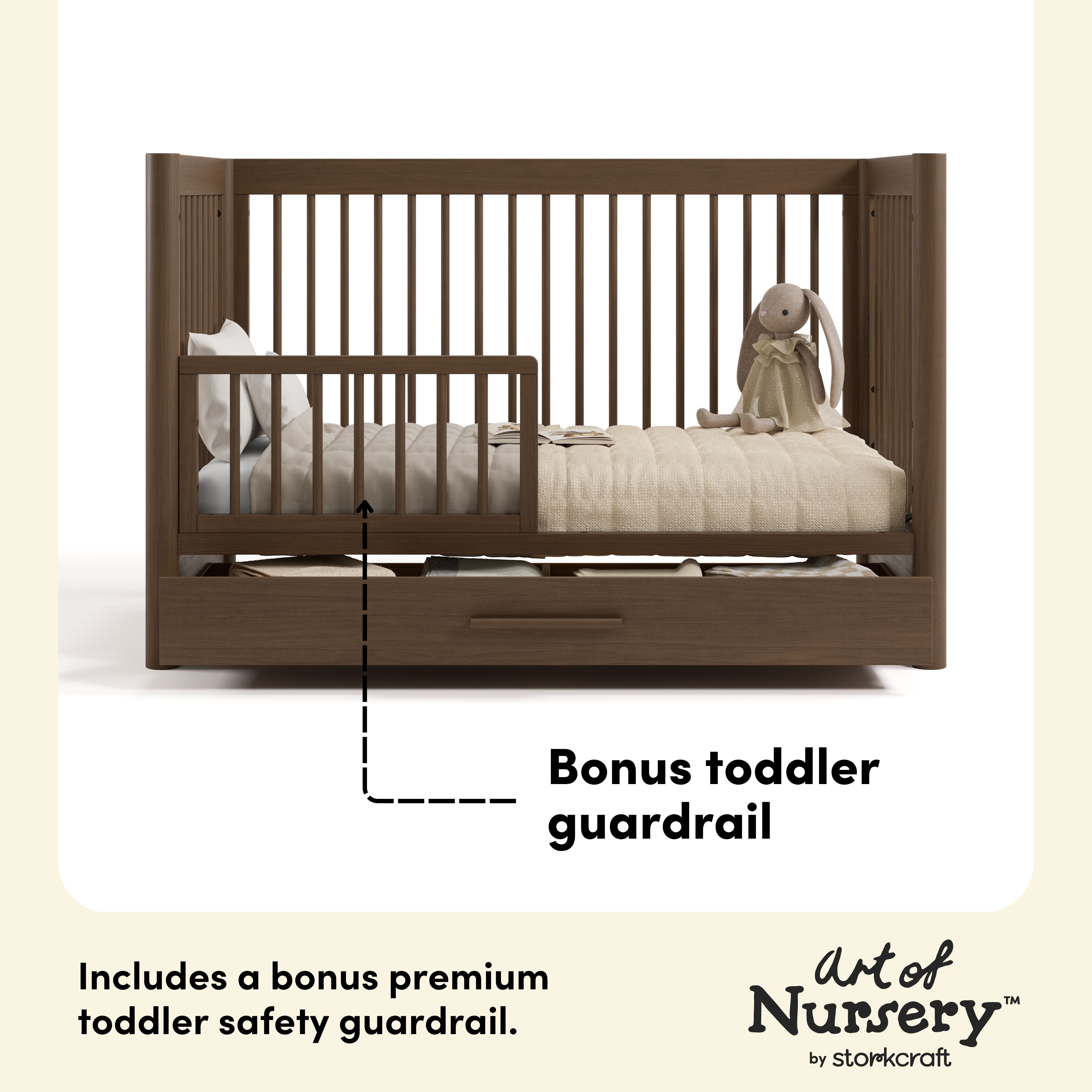 Malta hazelnut crib with drawer bonus toddler guardrail callout