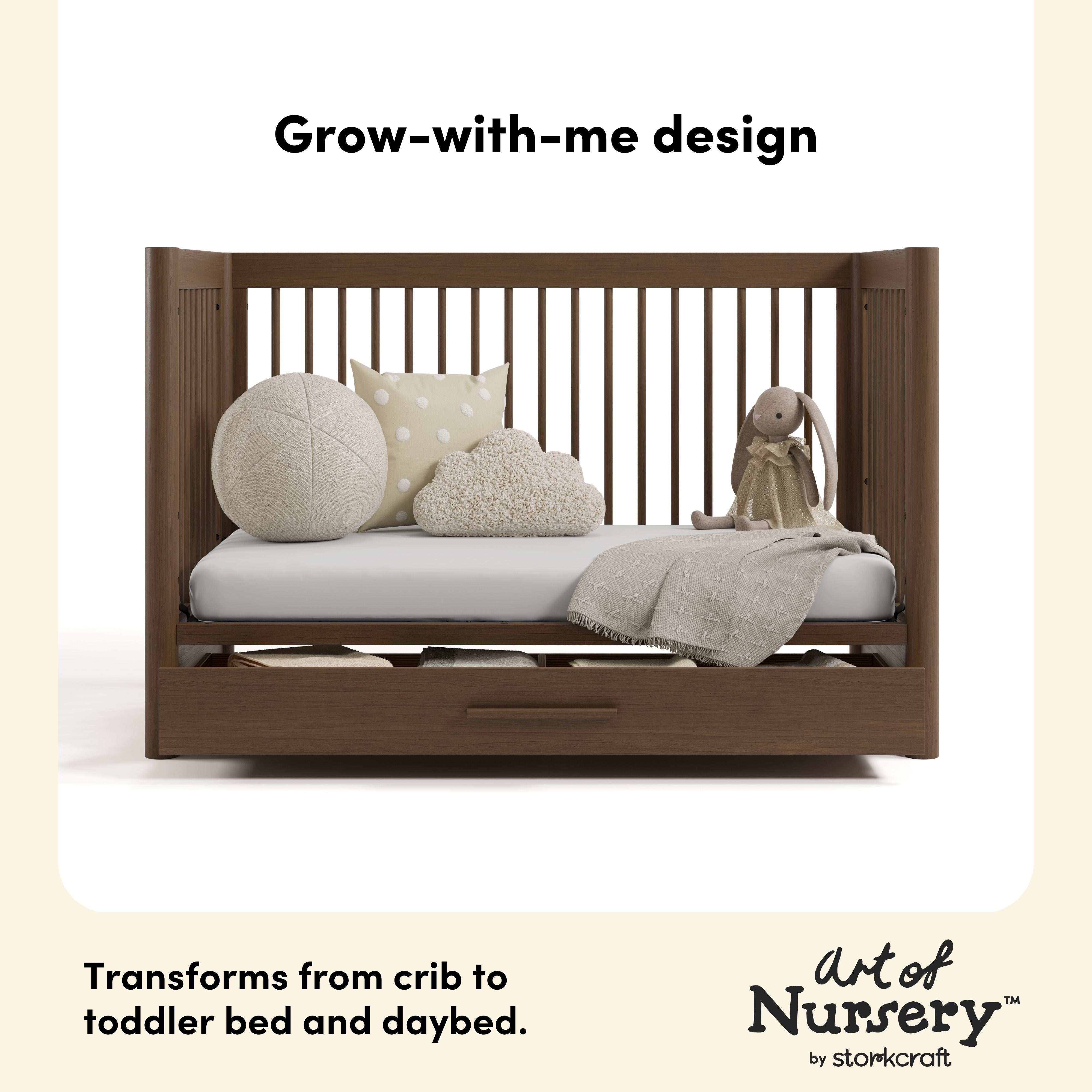 Malta hazelnut crib with drawer toddler bed and daybed conversion callout