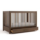 Malta hazelnut crib with drawer open angle view