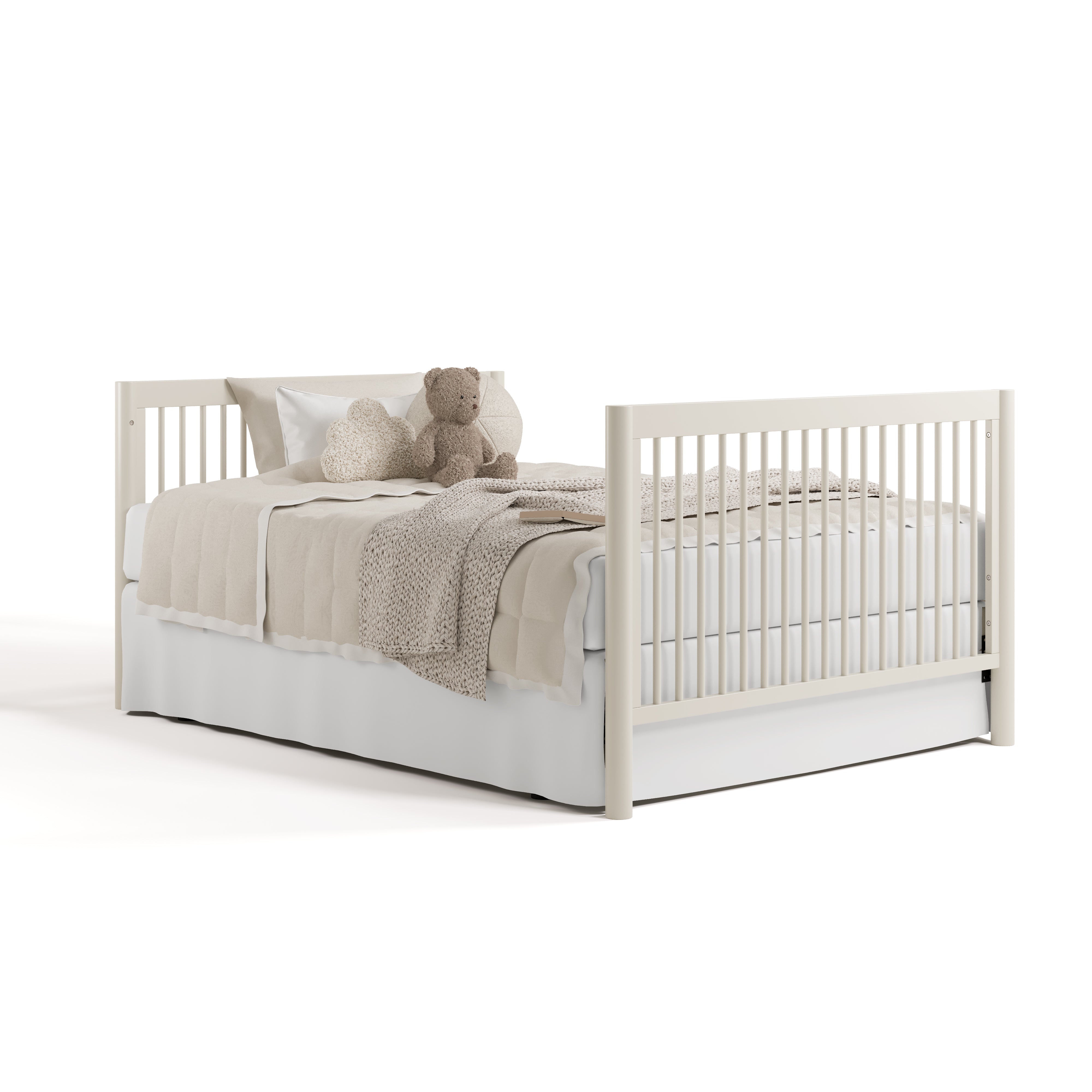Malta frosted oat crib with drawer converted to full bed with footboard