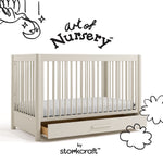 Malta frosted oat crib with drawer with black doodles overlaid on image