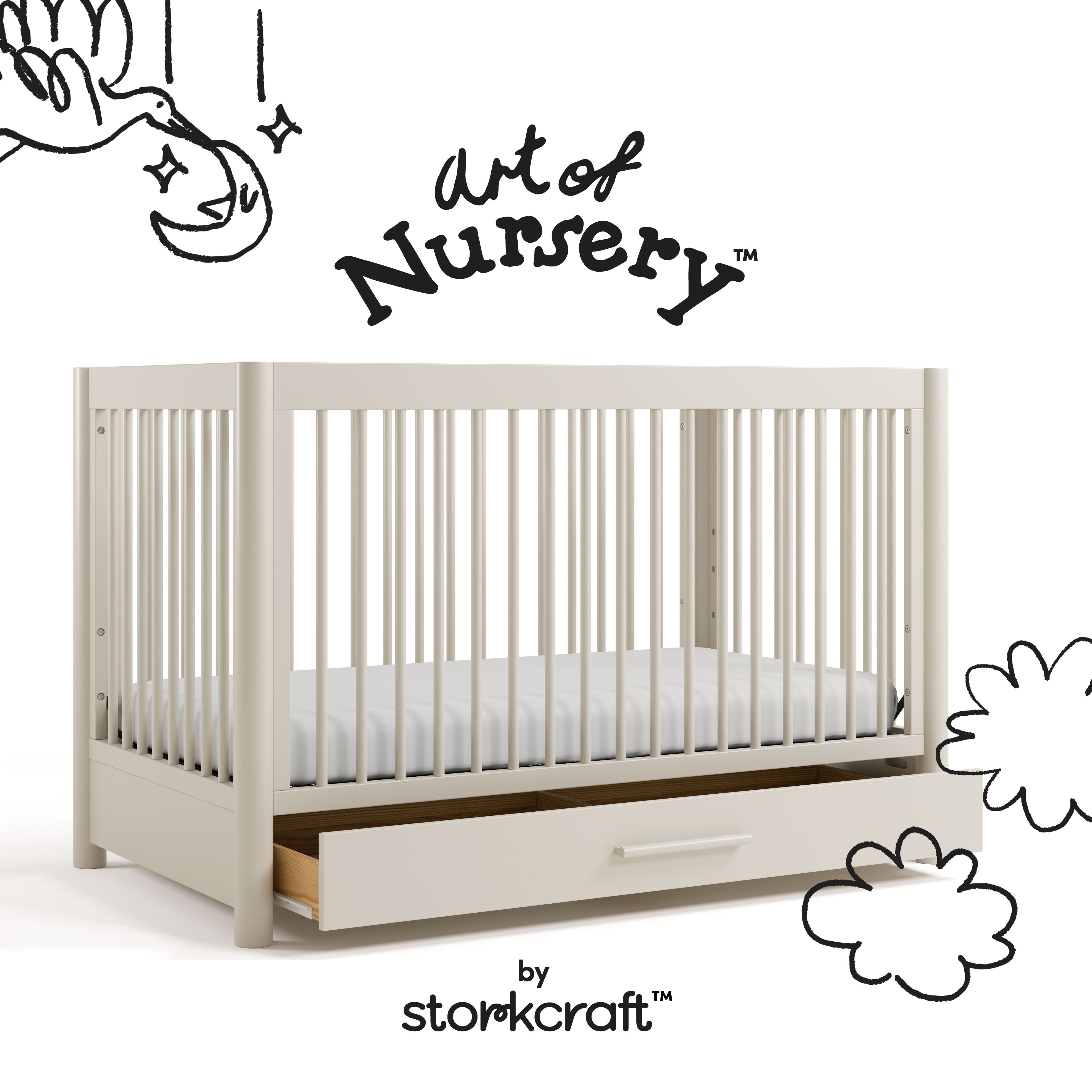 Malta frosted oat crib with drawer with black doodles overlaid on image