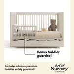 Malta frosted oat crib with drawer bonus toddler guardrail callout