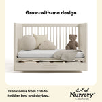 Malta frosted oat crib with drawer toddler bed and daybed conversion callout