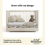 Malta frosted oat crib with drawer toddler bed and daybed conversion callout