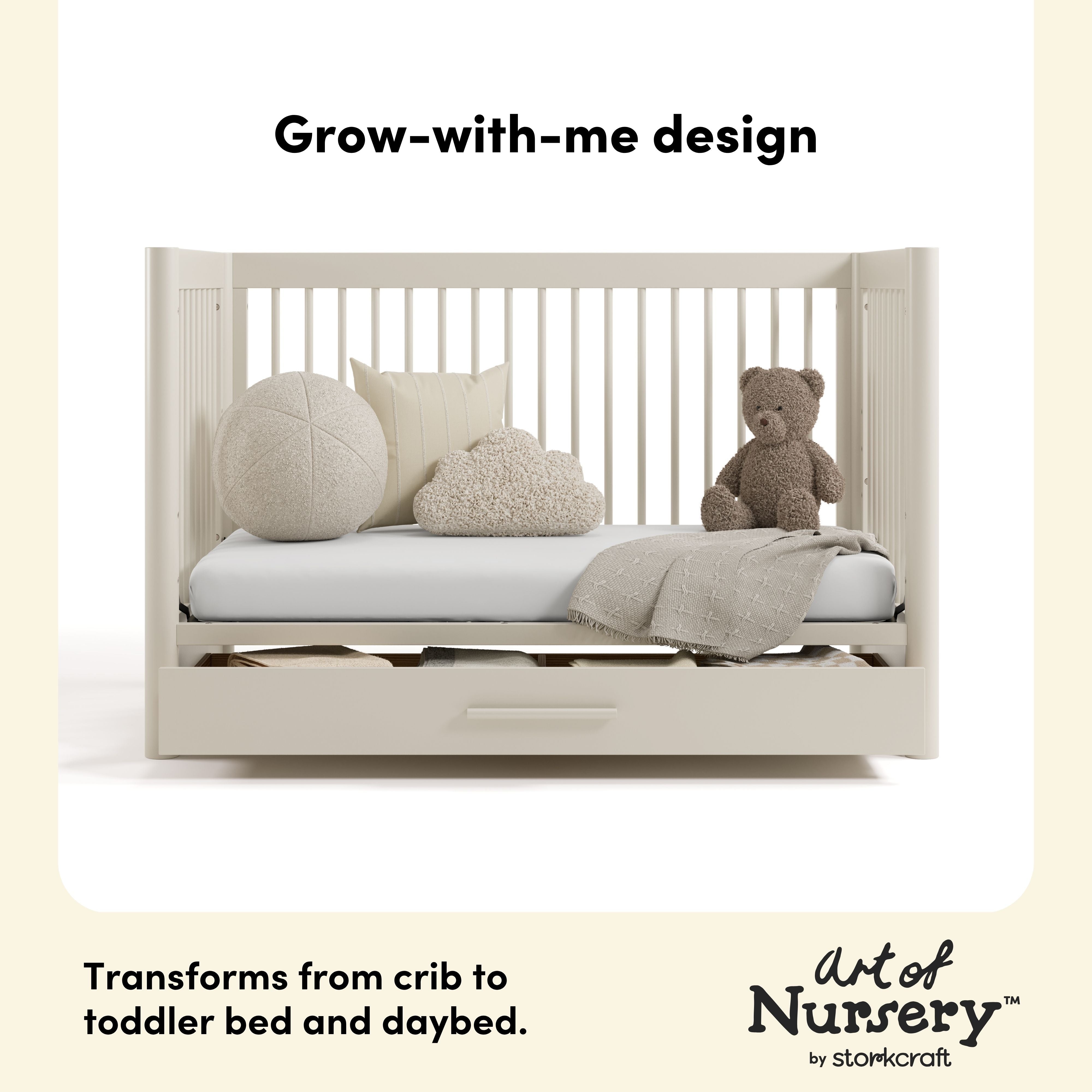 Malta frosted oat crib with drawer toddler bed and daybed conversion callout