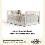 Malta frosted oat crib with drawer full bed conversion callout