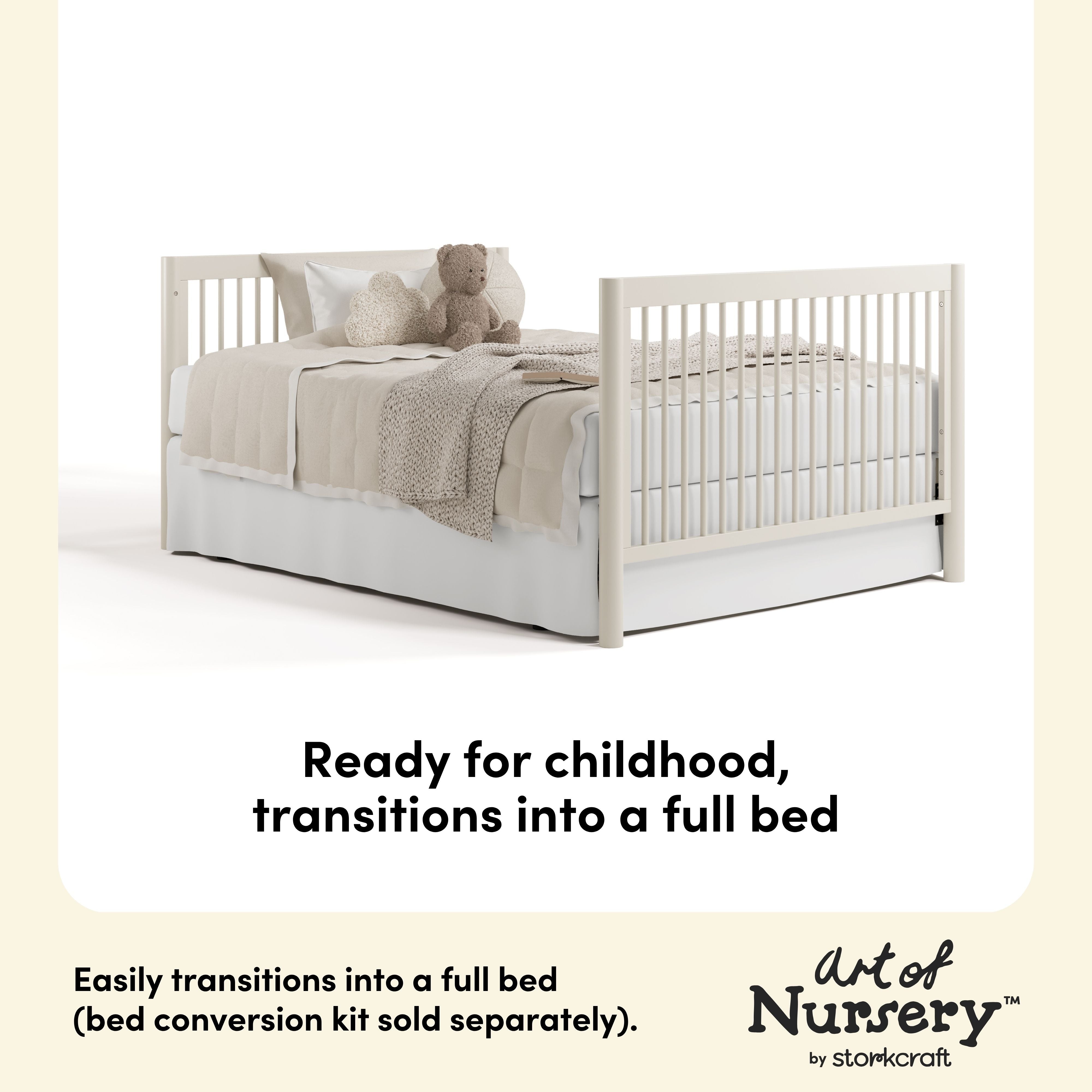 Malta frosted oat crib with drawer full bed conversion callout