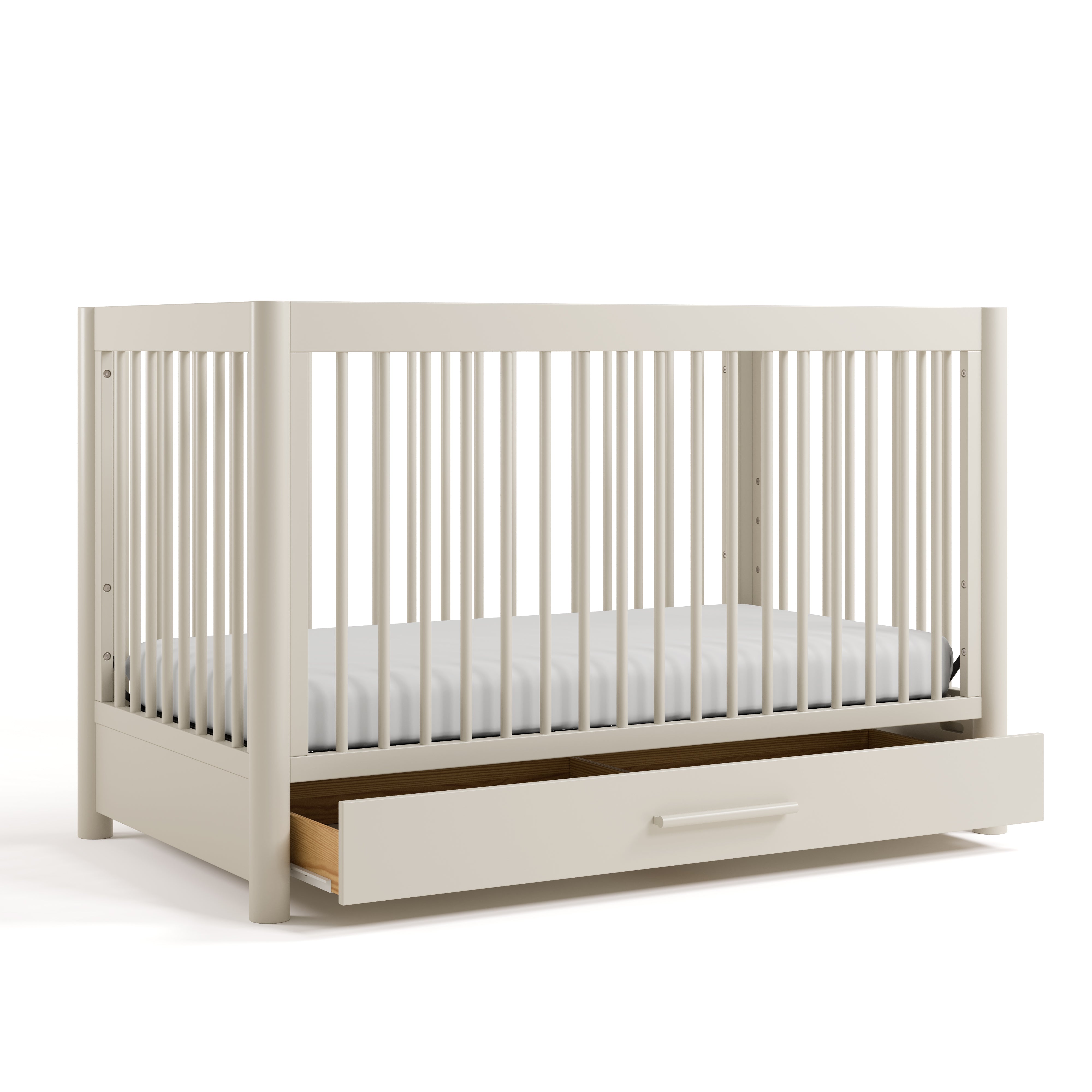 Malta frosted oat crib with drawer open angle view