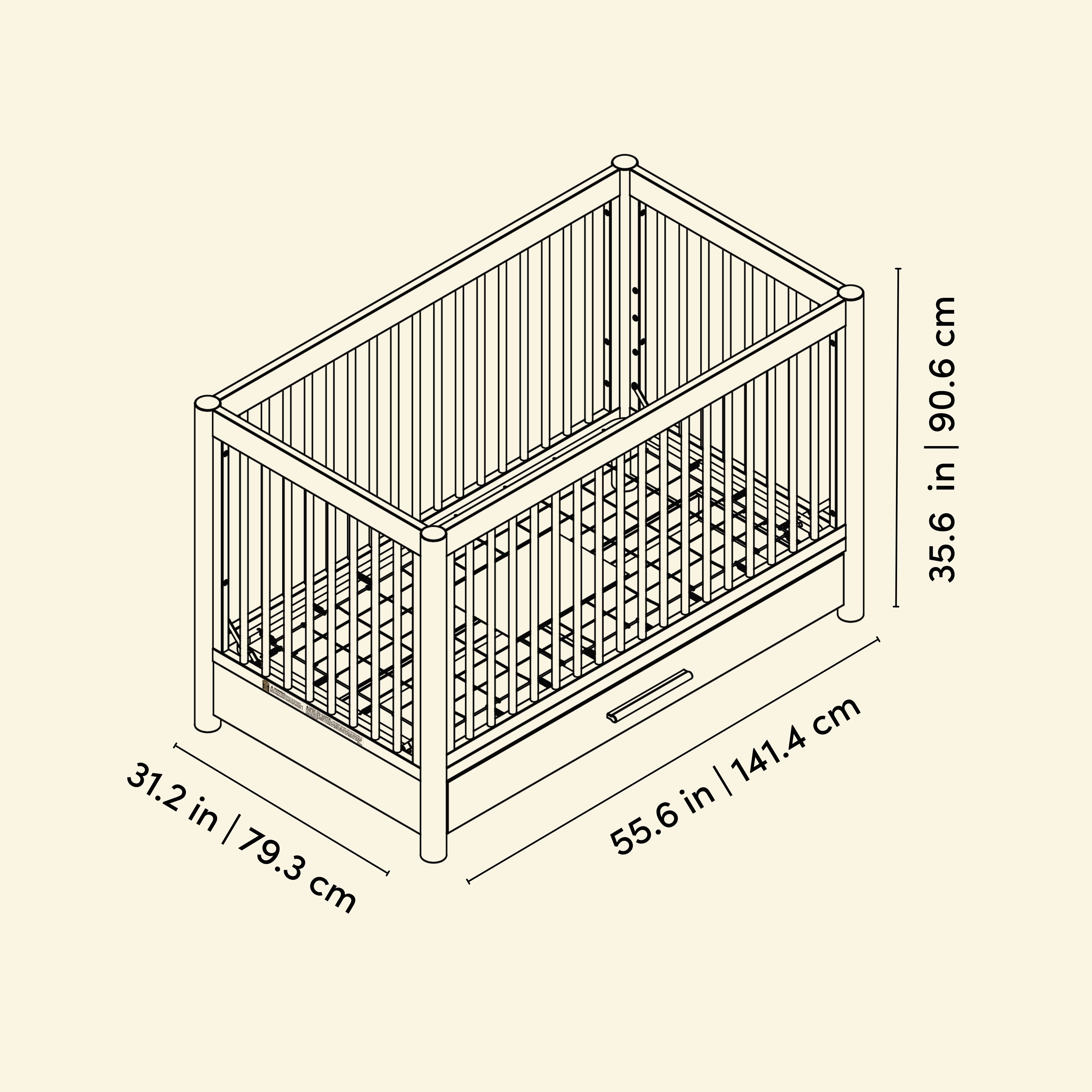 Malta crib with drawer line drawing with dimensions