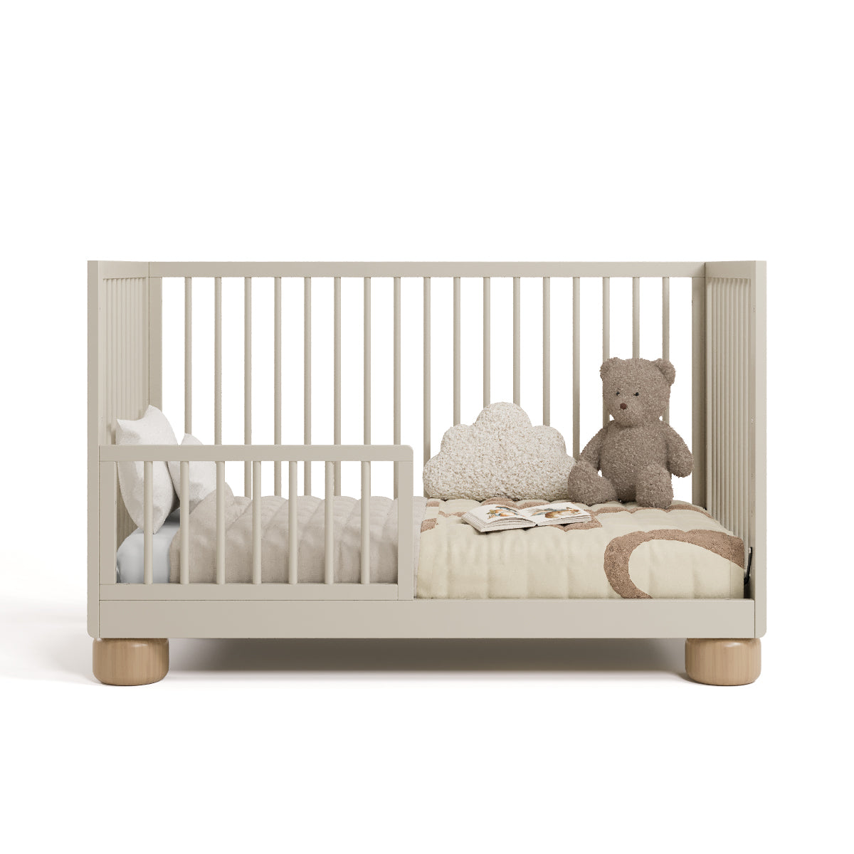 Sorrento frosted oat and driftwood crib converted to toddler bed