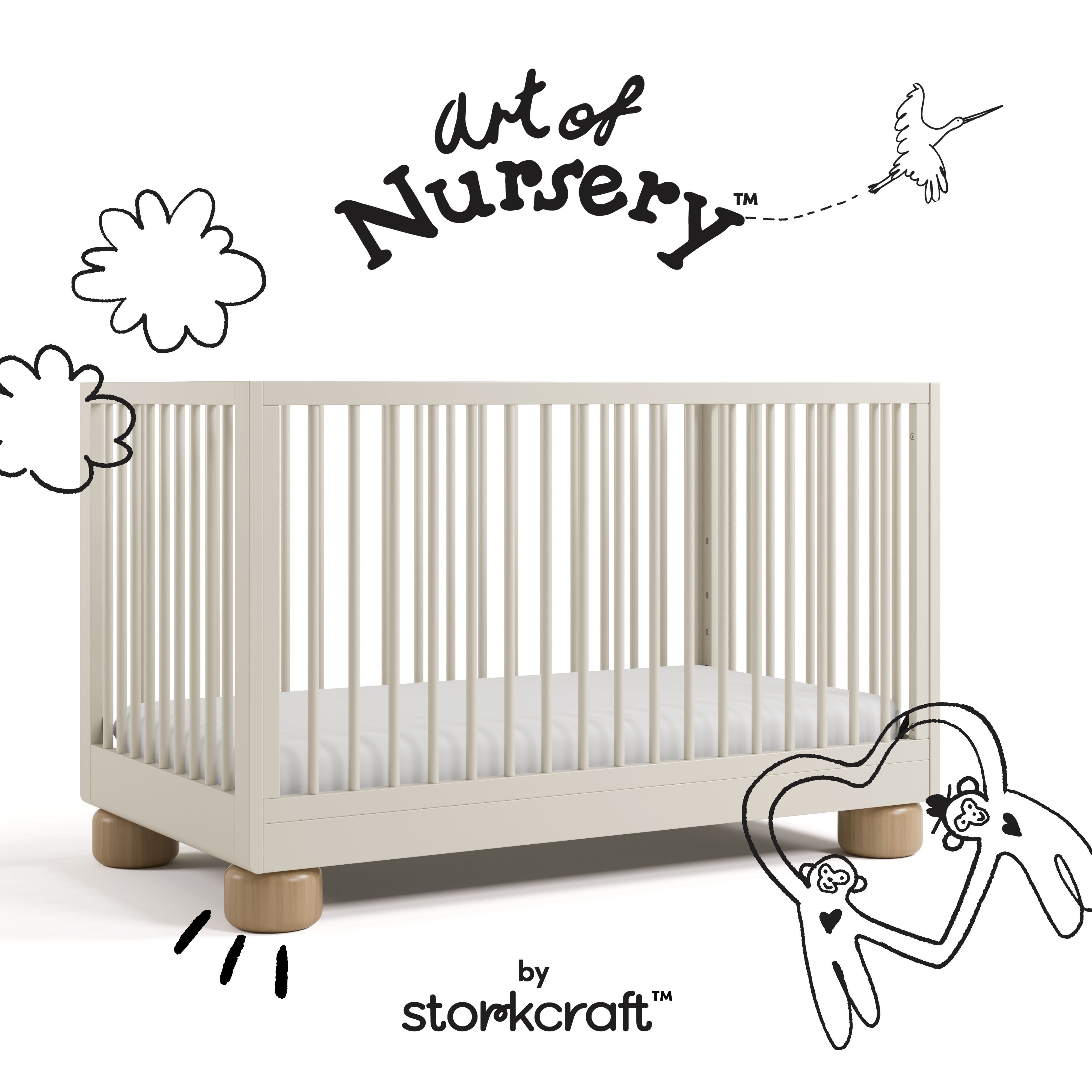 Sorrento frosted oat and driftwood crib with black doodles overlaid on image