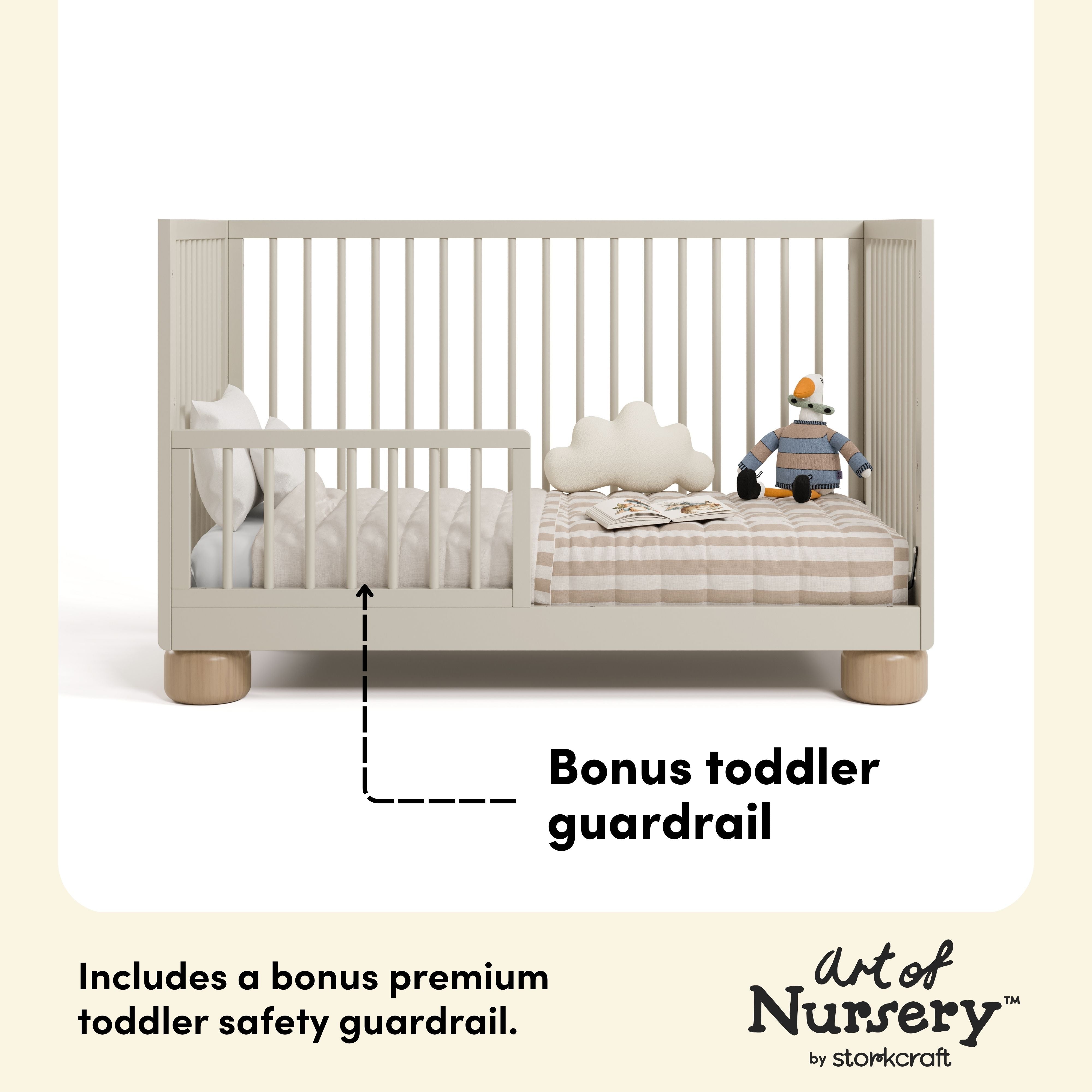 Sorrento frosted oat and driftwood crib bonus toddler guardrail callout