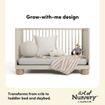 Sorrento frosted oat and driftwood crib toddler bed and daybed conversion callout