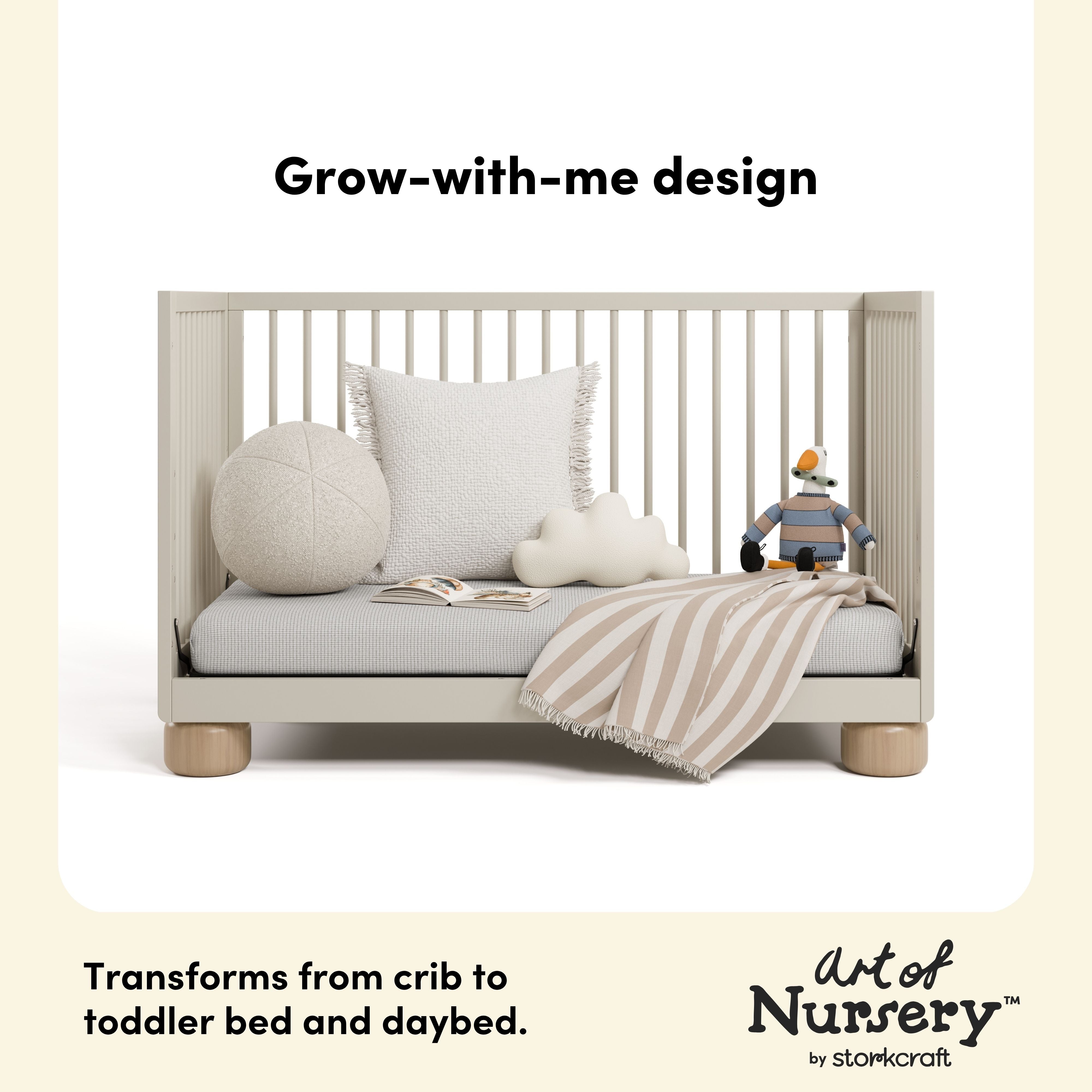 Sorrento frosted oat and driftwood crib toddler bed and daybed conversion callout