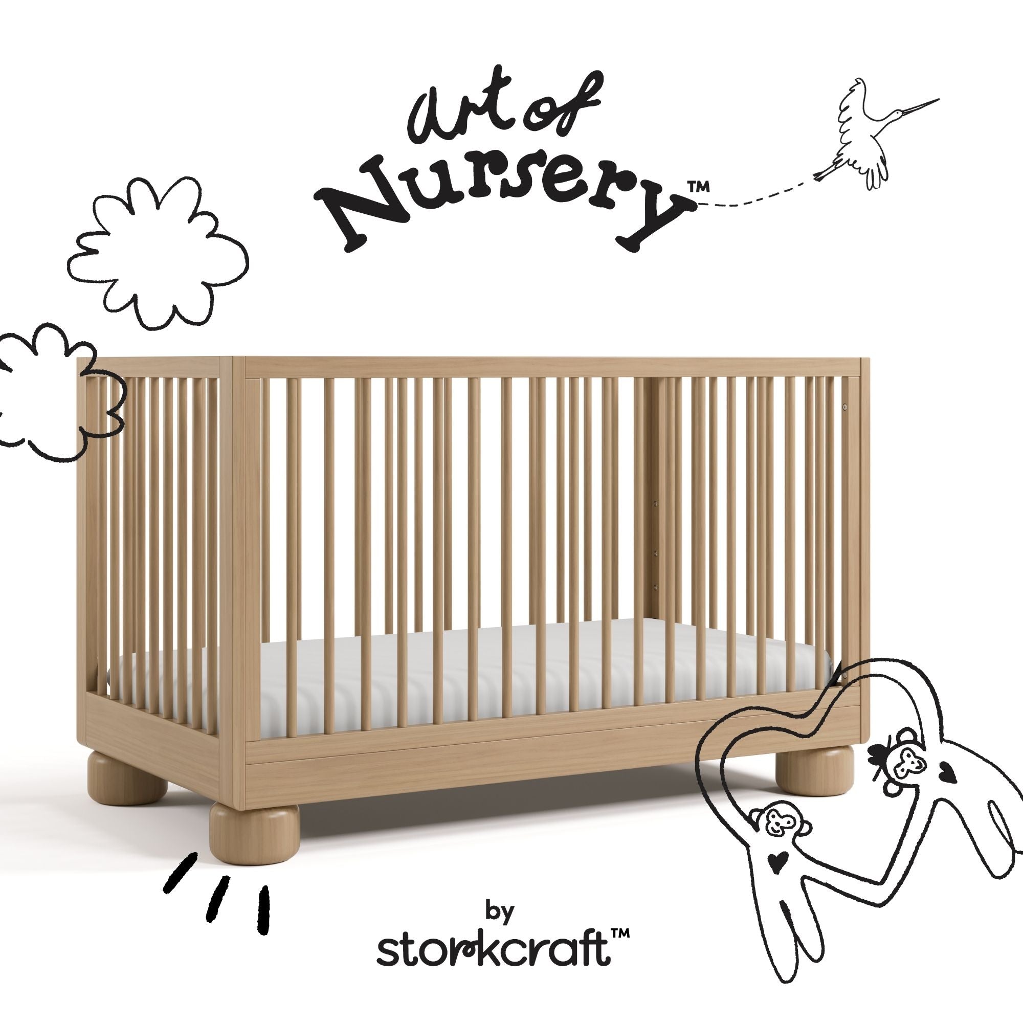 Sorrento driftwood crib with black doodles overlaid on image